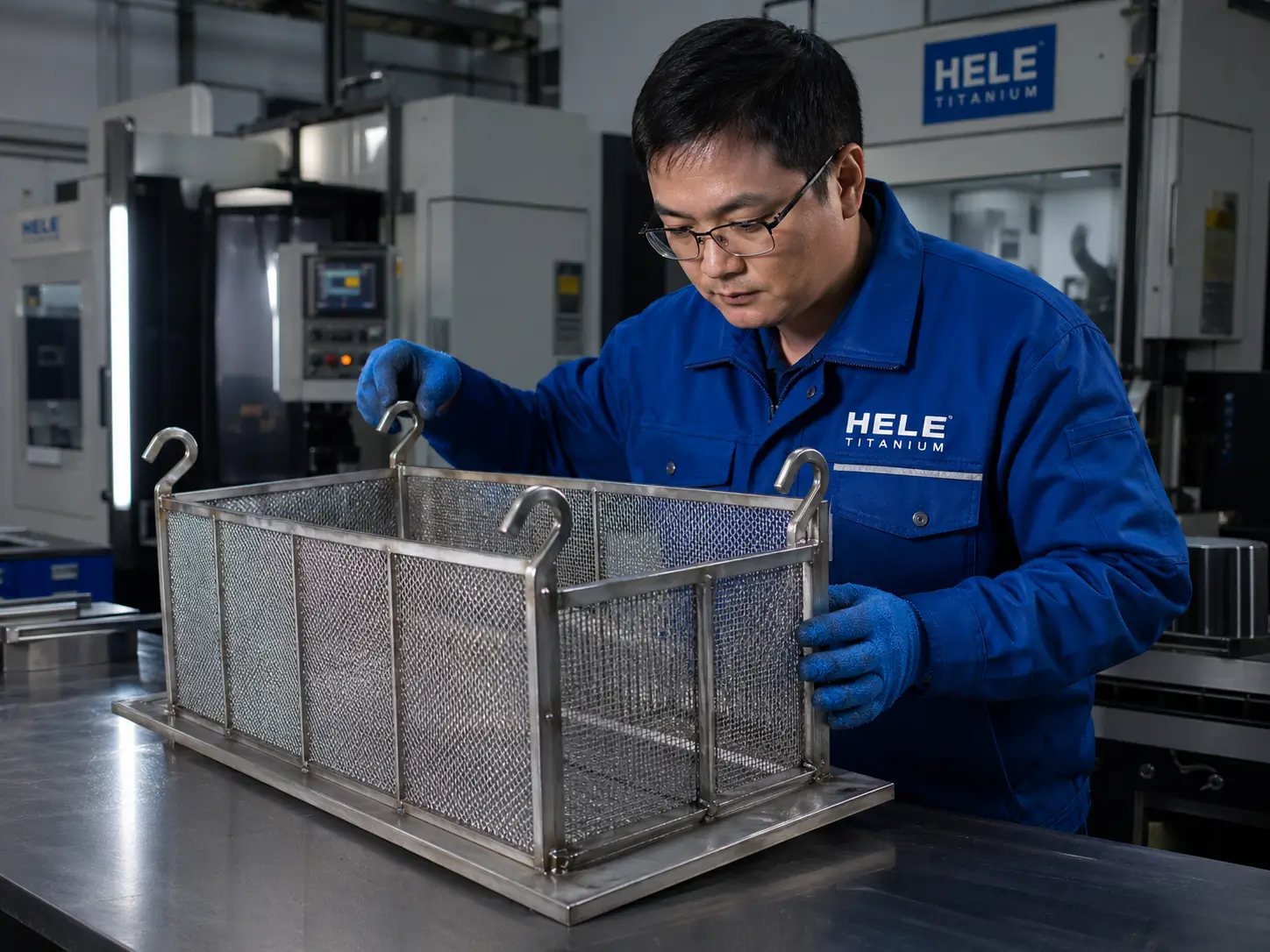 Chinese engineer reviewing titanium anode baskets, drawings, mesh samples, and plating line installation requirements