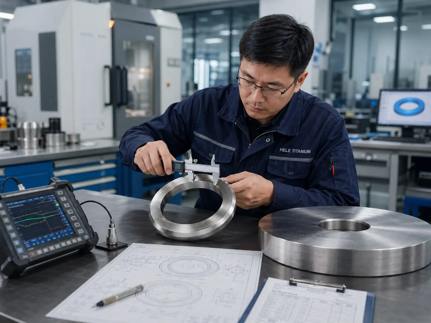 Engineer inspecting forged titanium