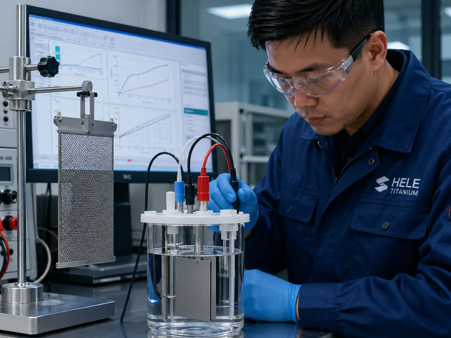Electrochemical test cell with power supply and data screen
