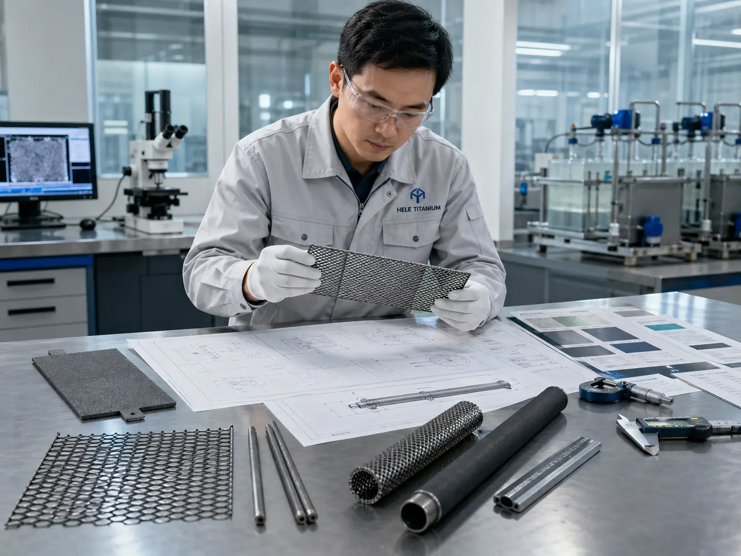 Chinese engineer inspecting MMO titanium anodes in laboratory