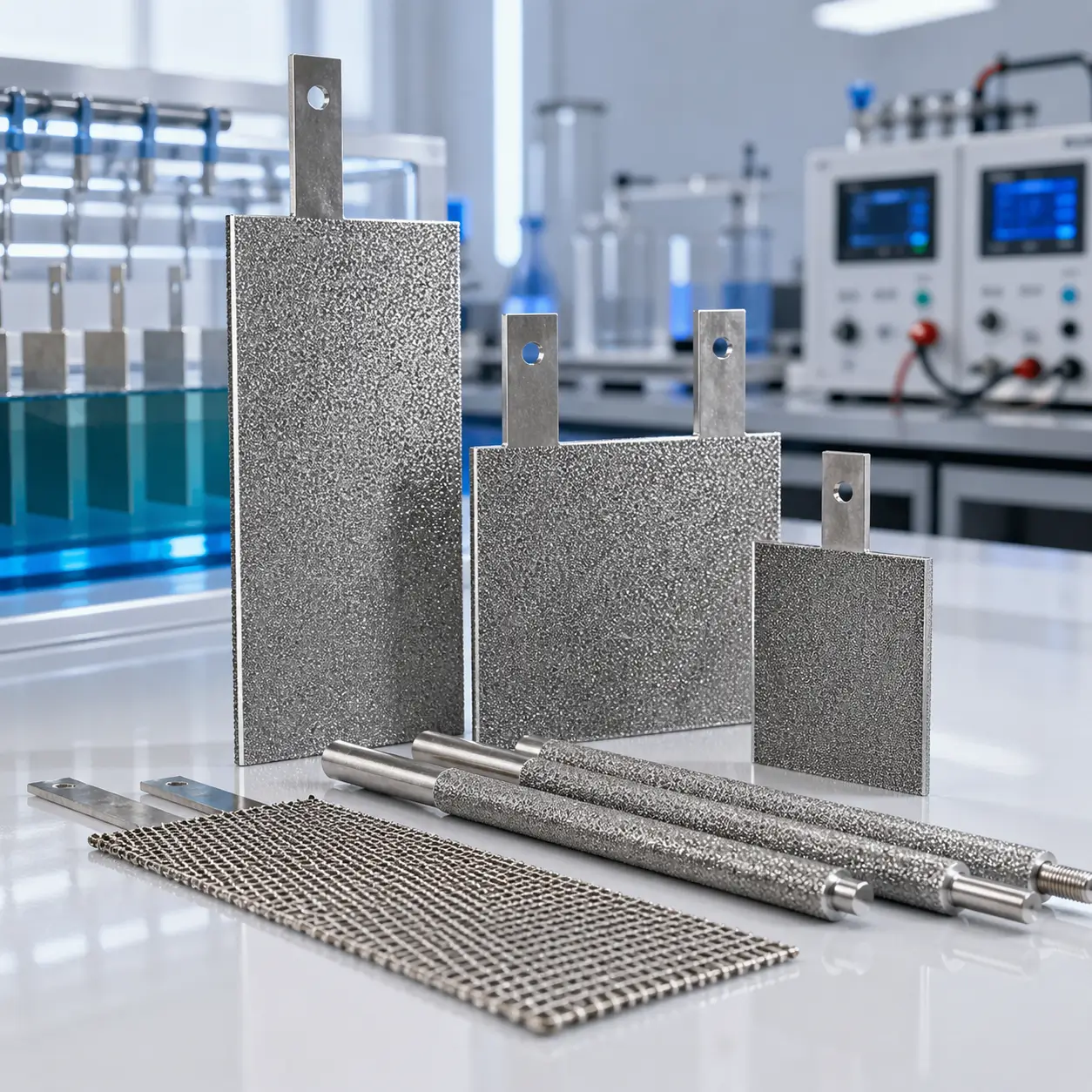 Engineer reviewing custom Pt/Ti anode design and platinum-coated samples