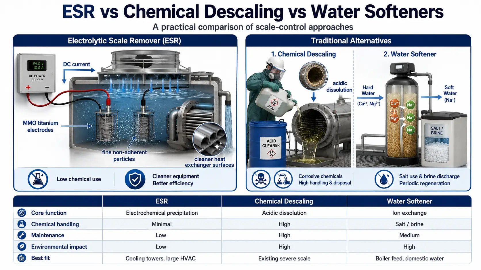 Comparison of ESR, Chemical Descaling, and Water Softeners