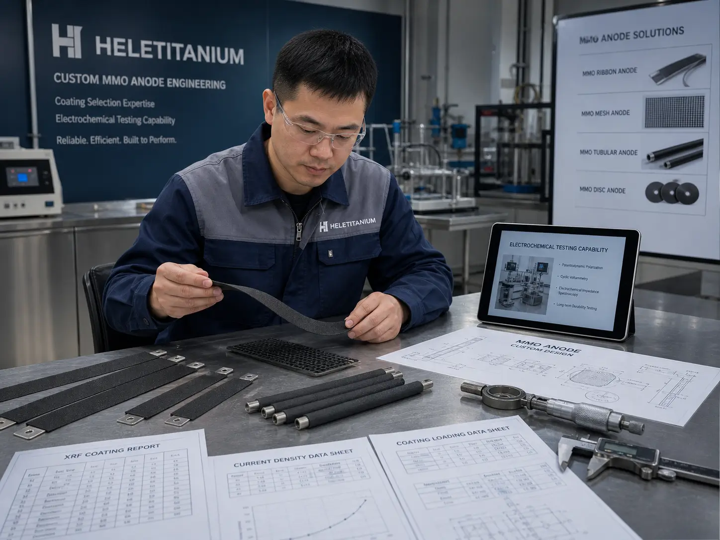 Chinese engineer inspecting black MMO anode samples with drawings, XRF report, coating loading data, and current density notes. HELE TITANIUM workwear.