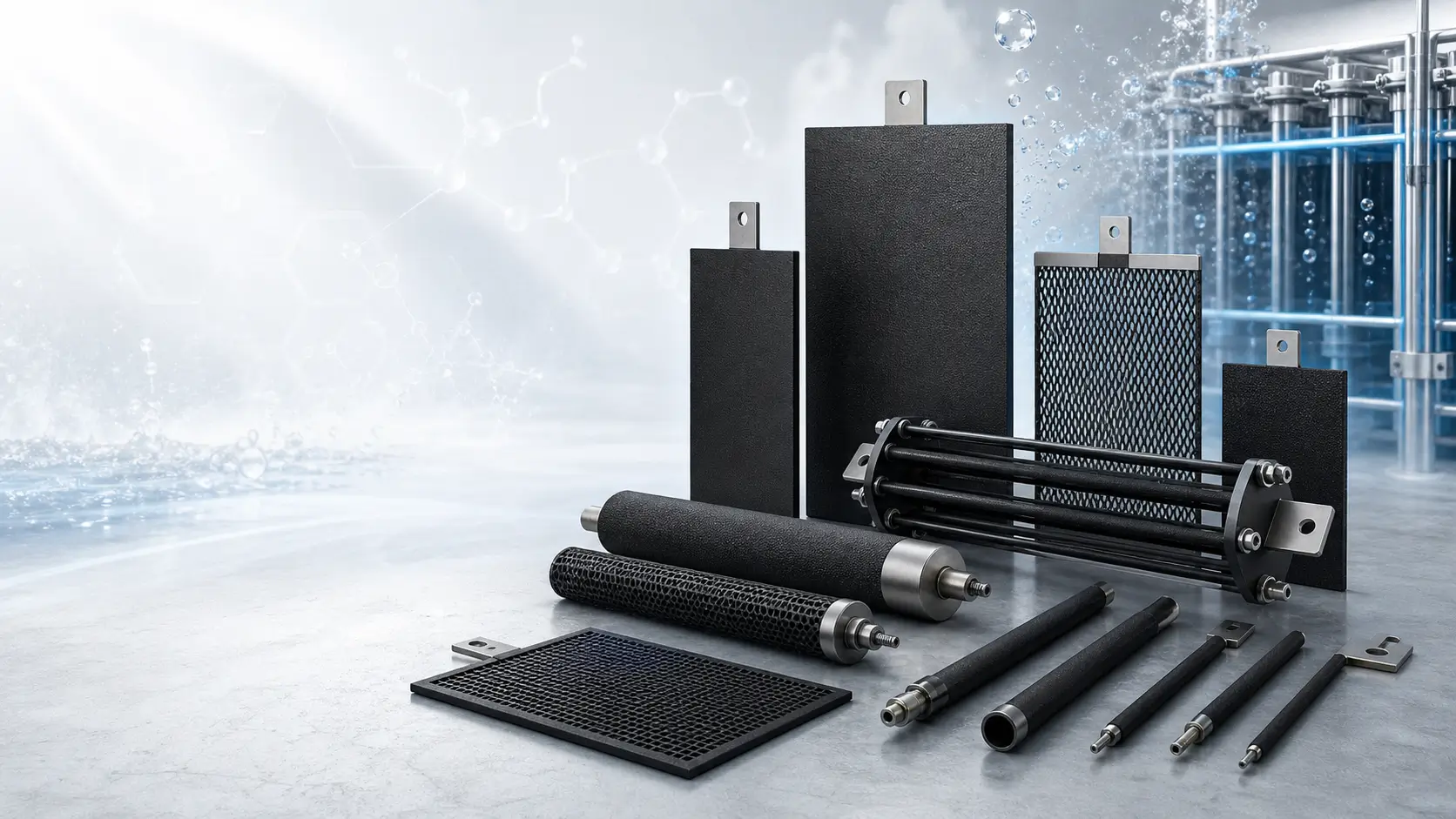 Ru-Ir MMO coated titanium mesh, plates, rods, tubular anodes, and custom assemblies