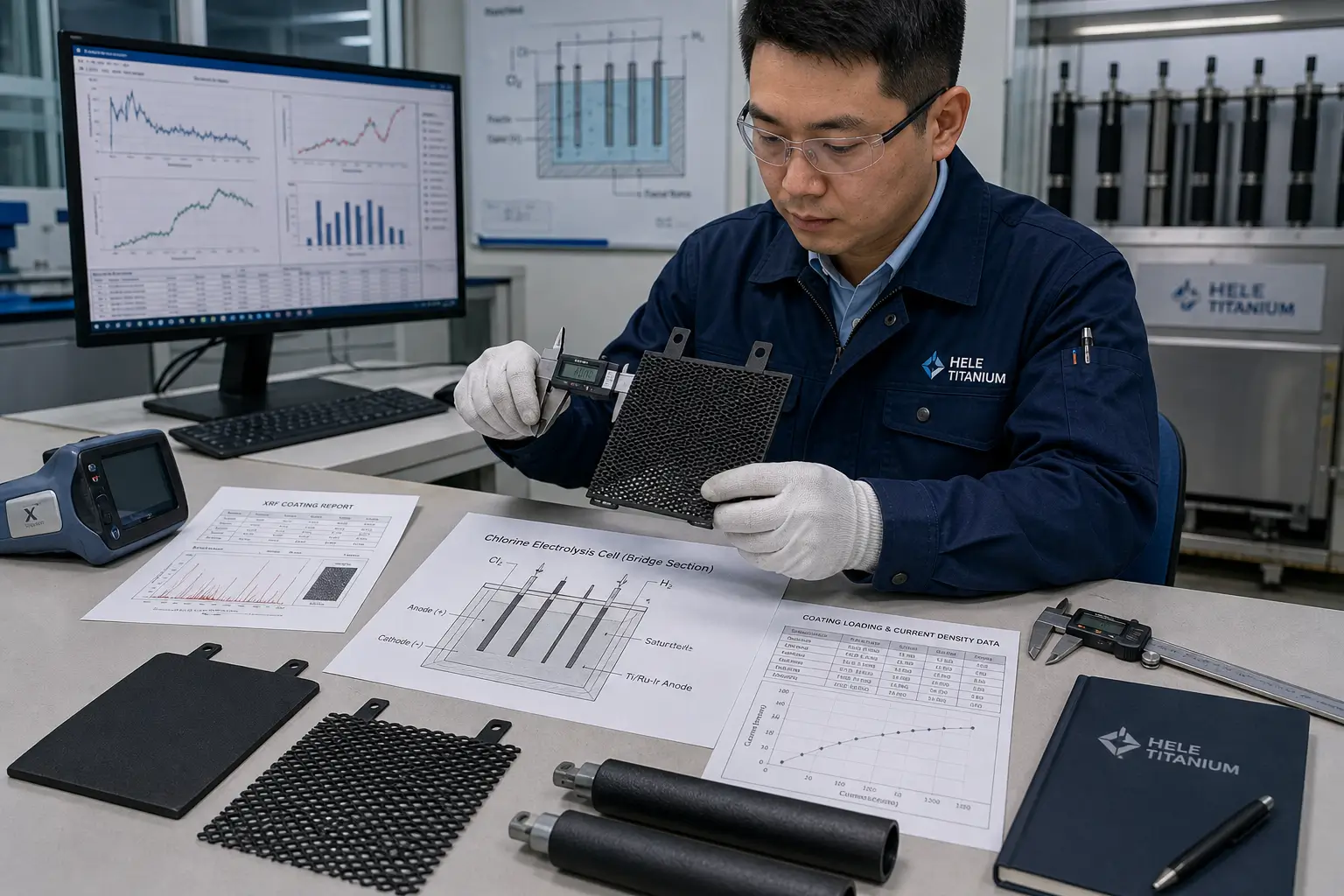 Chinese engineer inspecting Ru-Ir MMO custom titanium electrodes