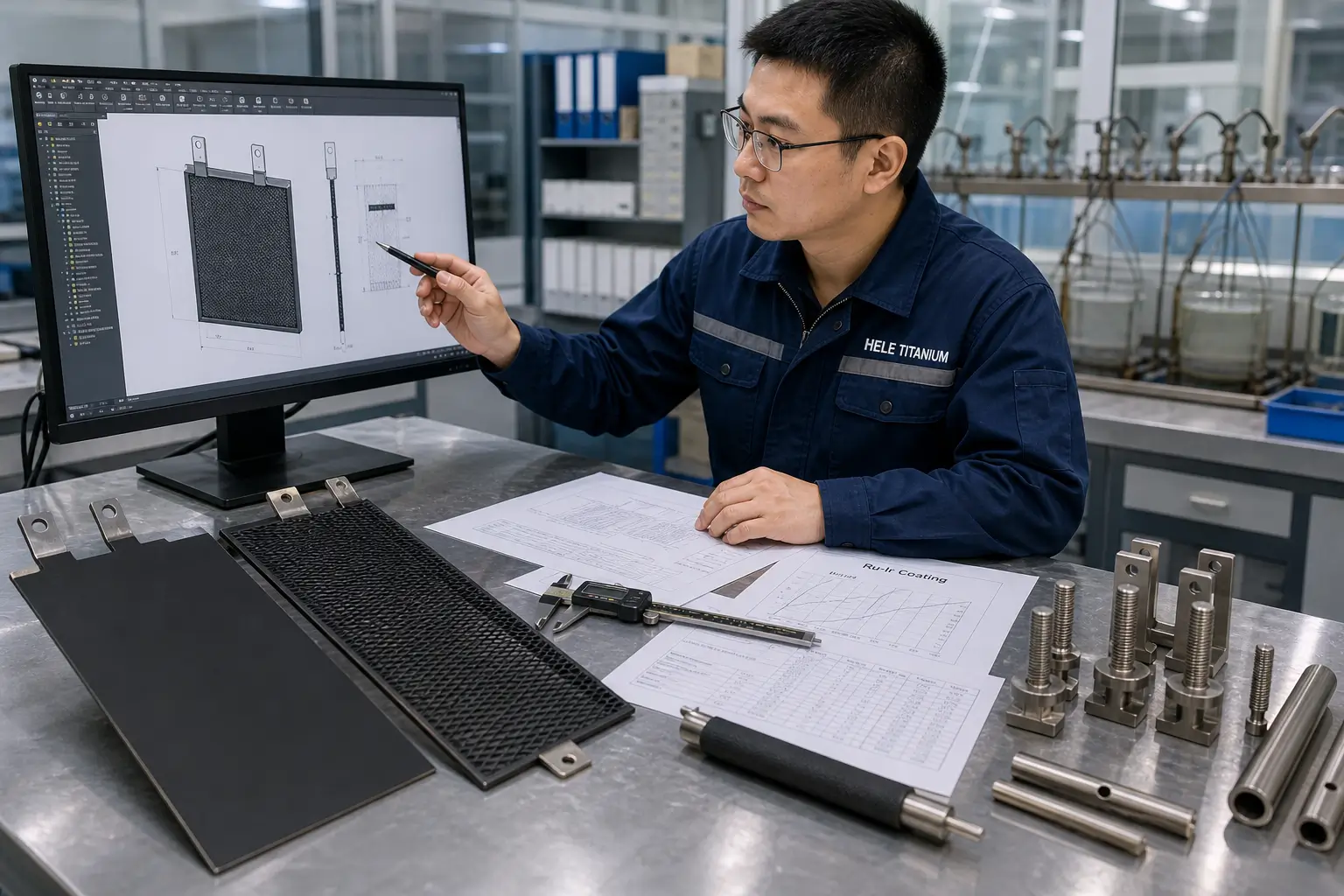Engineer checking custom Ru-Ir anodes