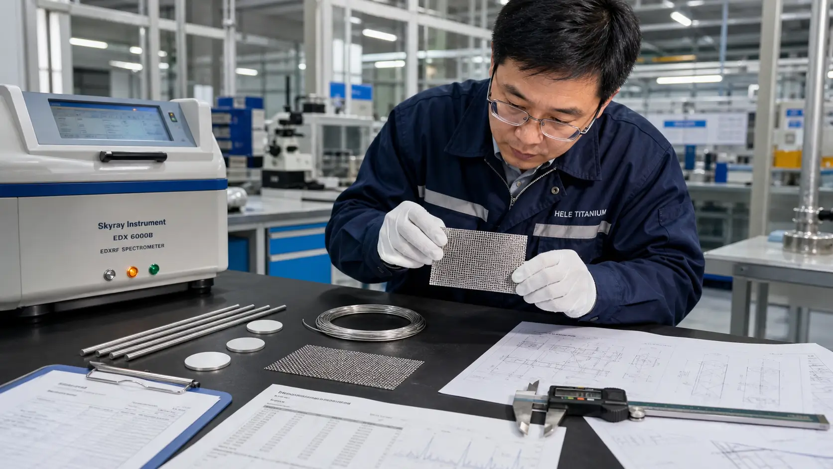 Chinese engineer inspecting platinized titanium electrodes, mesh, rod, or plate anodes