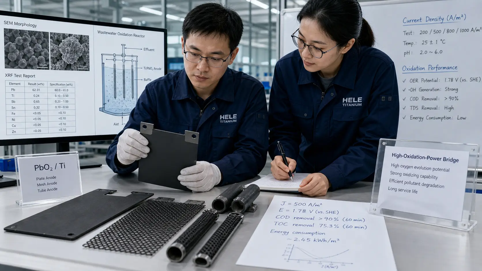 Engineer inspecting PbO2/Ti plates