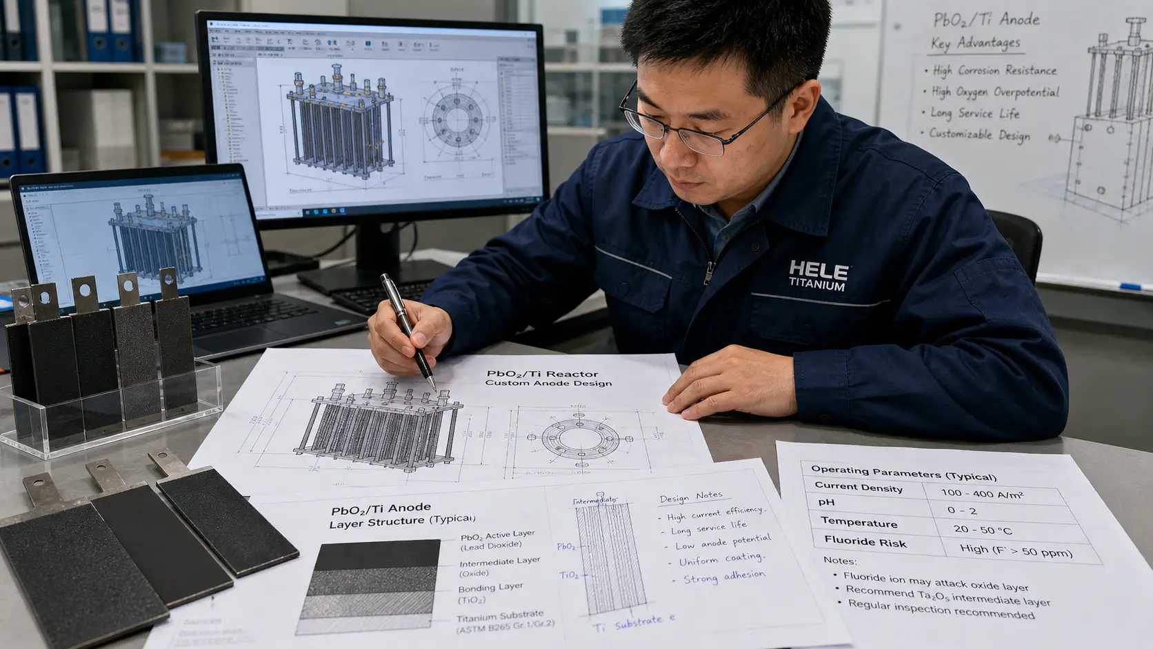 Engineer checking custom PbO2/Ti anodes