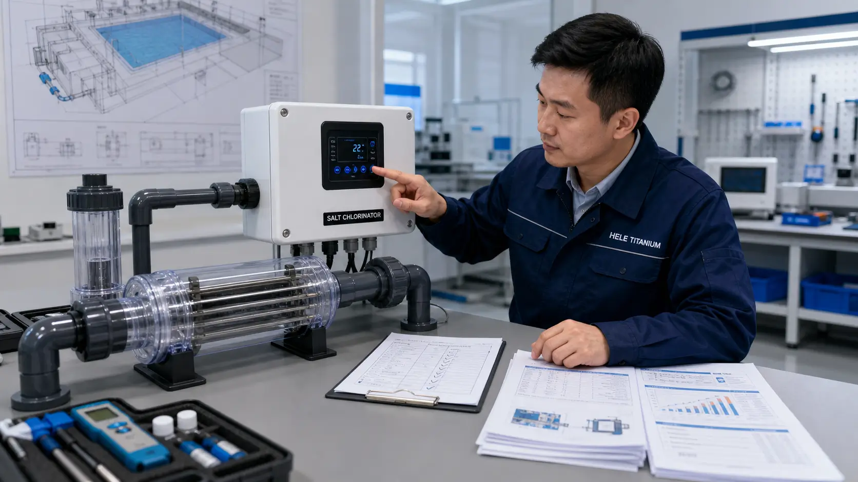 Engineer inspecting salt chlorinator systems and titanium salt cells