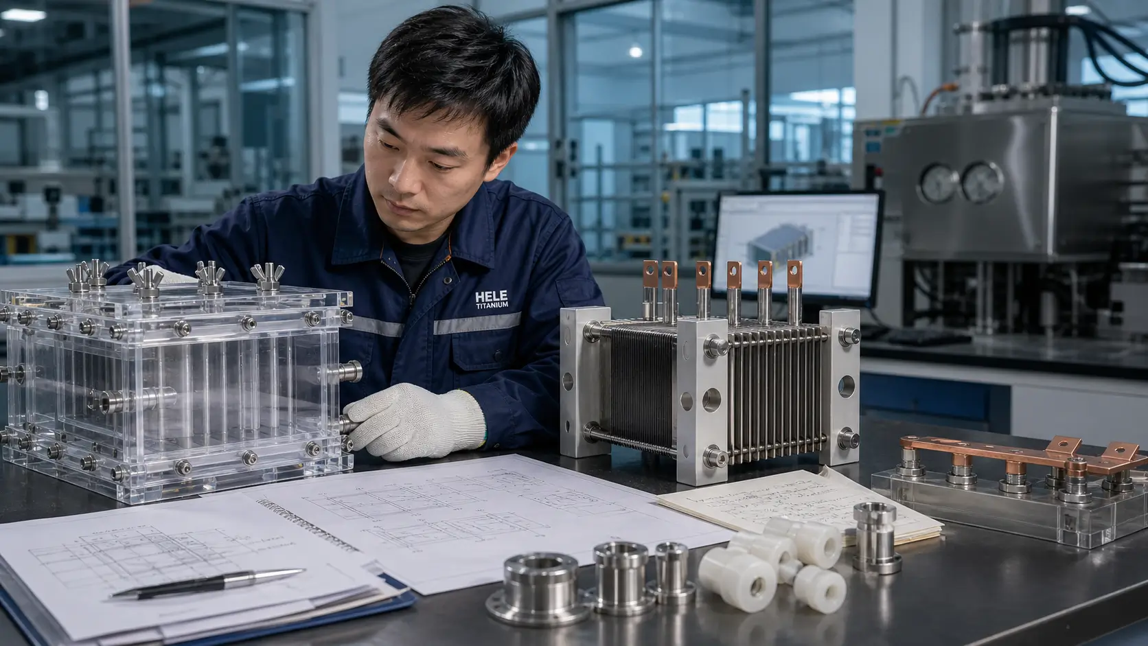 Engineer inspecting titanium electrolytic cell