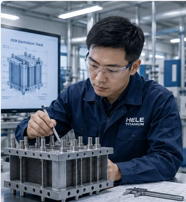 HELE TITANIUM engineer inspecting titanium products in factory workshop