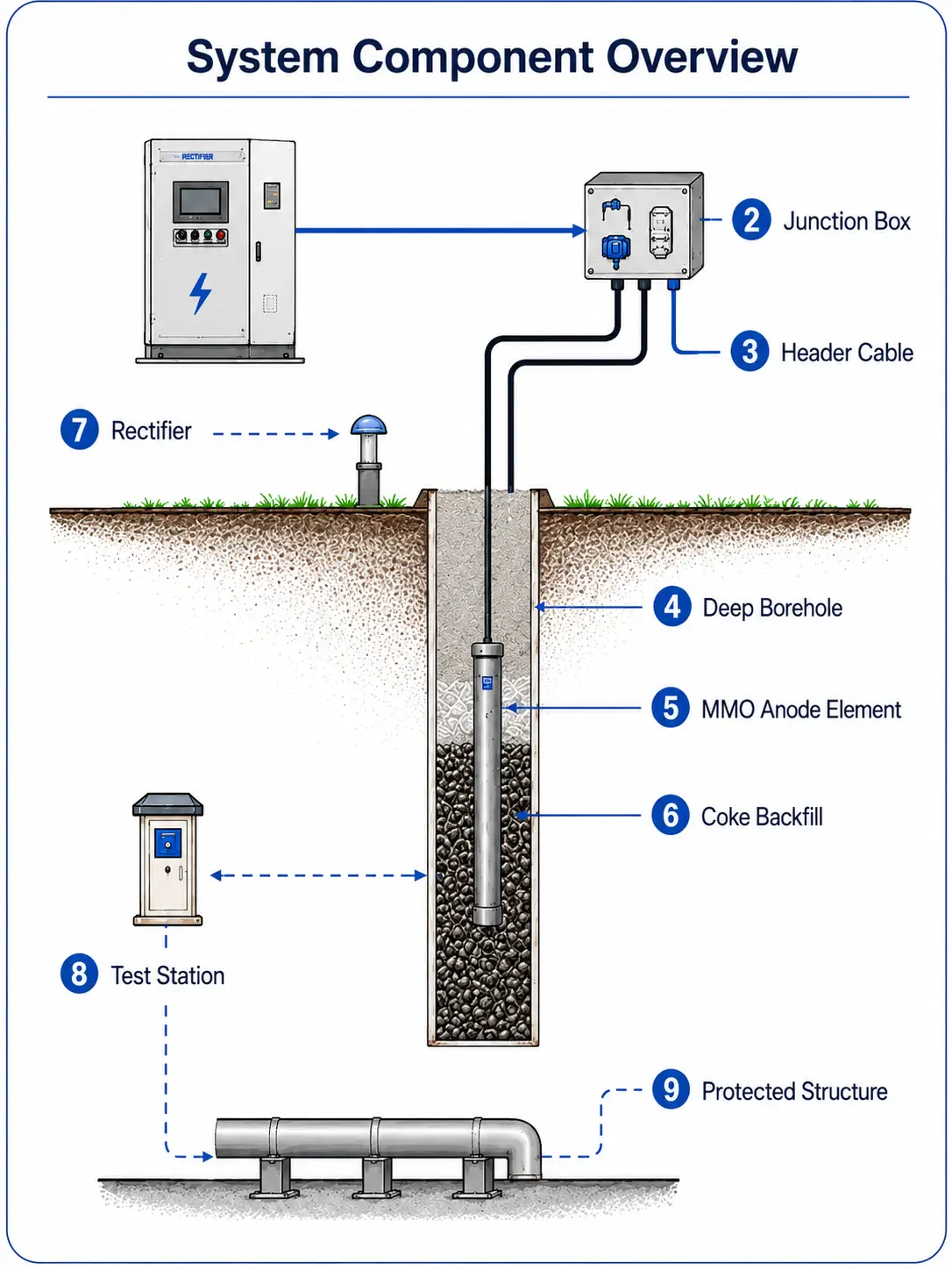 Complete deep groundbed ICCP system components including rectifier, junction box, header cable, MMO anode element, coke backfill and test station