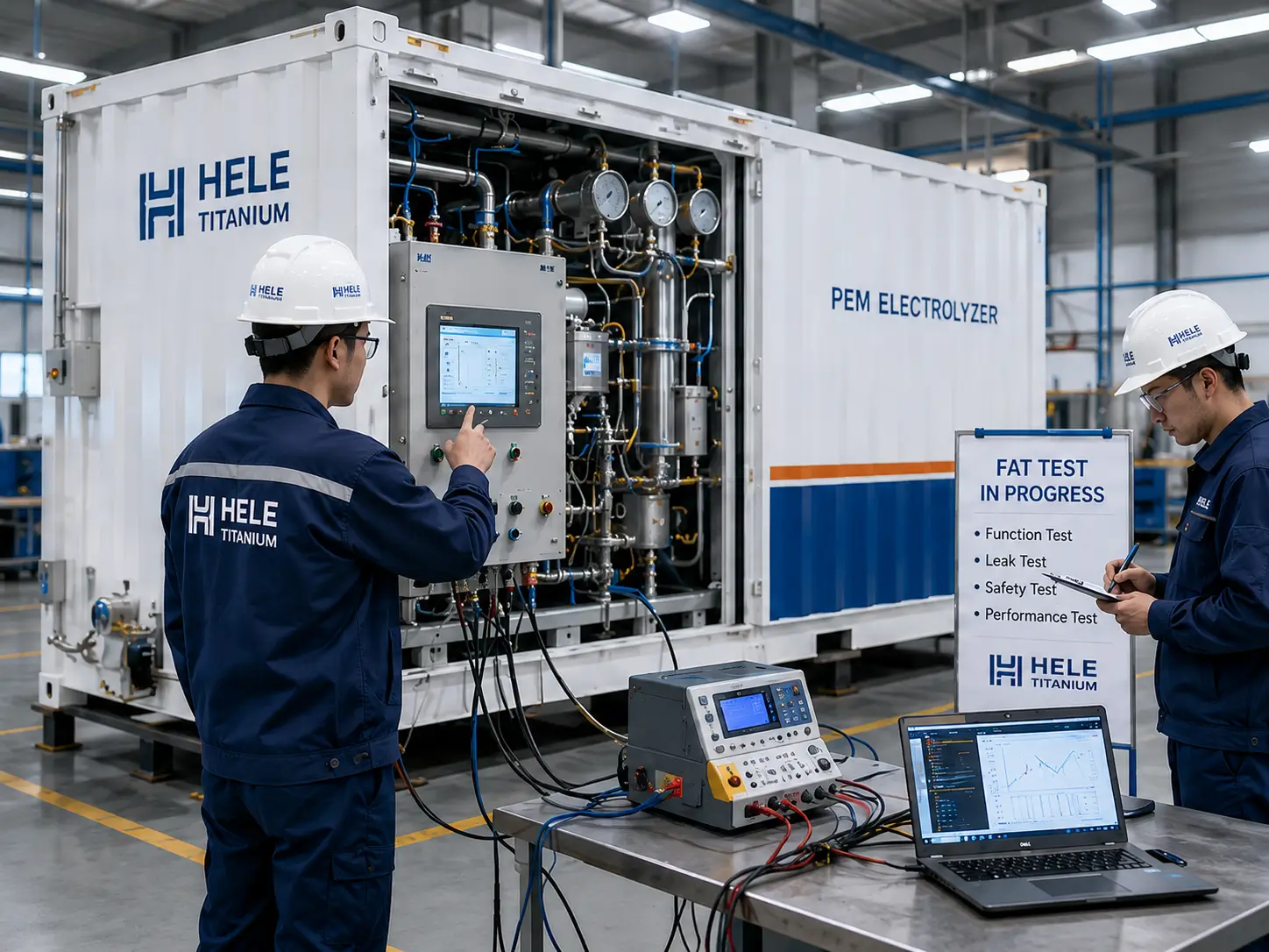 Containerized PEM electrolyzer factory testing and FAT inspection scene