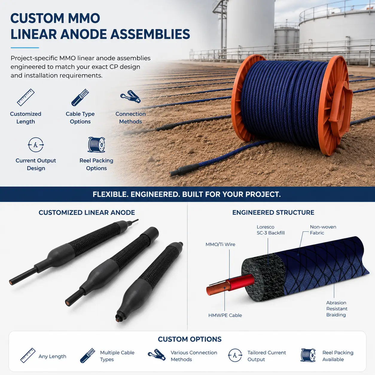 Coke-sock flexible MMO linear anode assembly on spool