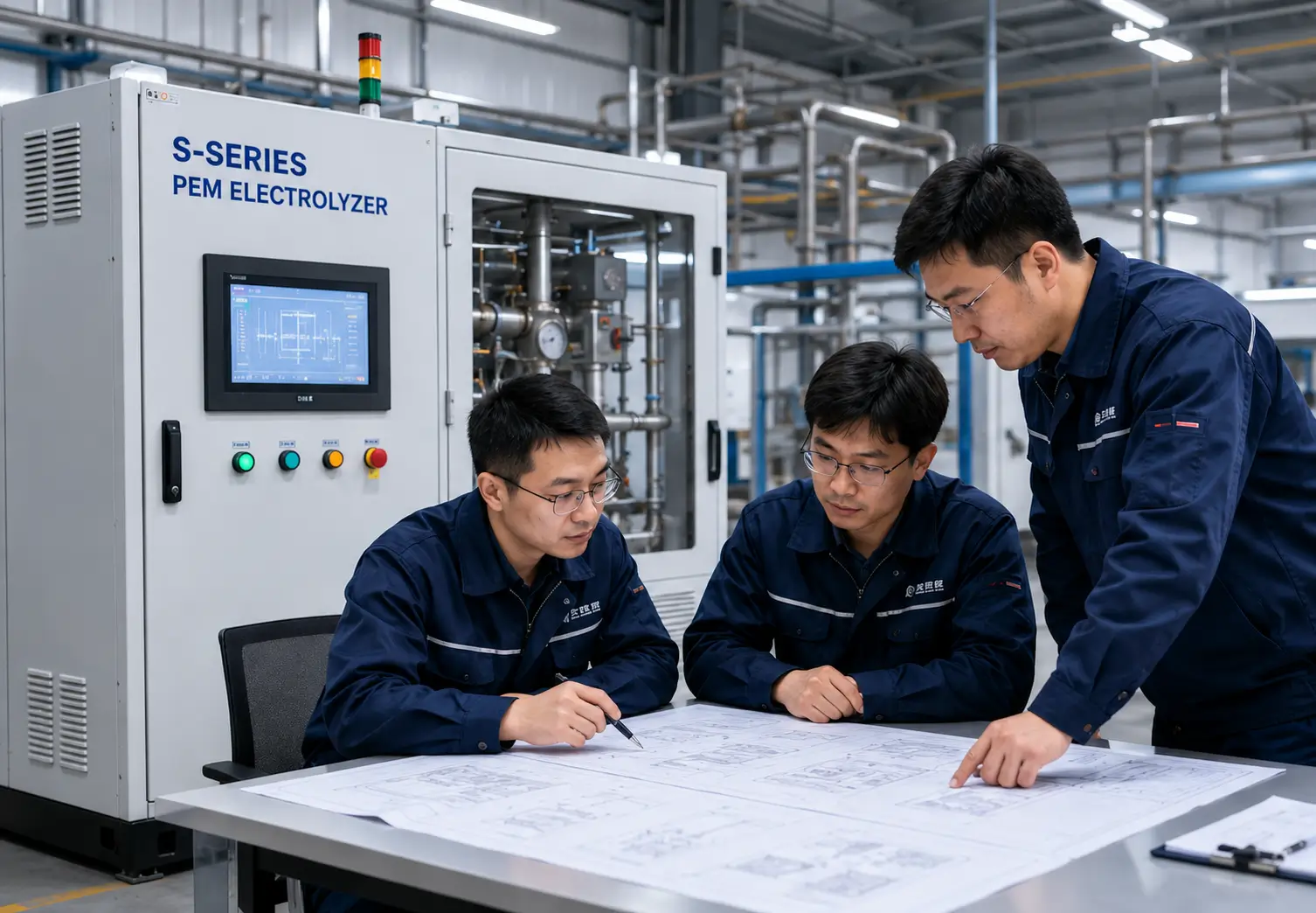 Chinese engineers reviewing S-Series Compact PEM Electrolyzer configuration drawings with compact PEM hydrogen generator cabinet