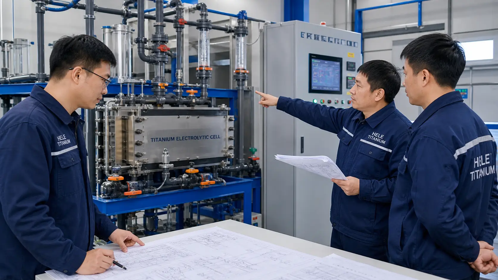 Engineer inspecting sodium hypochlorite generator skid