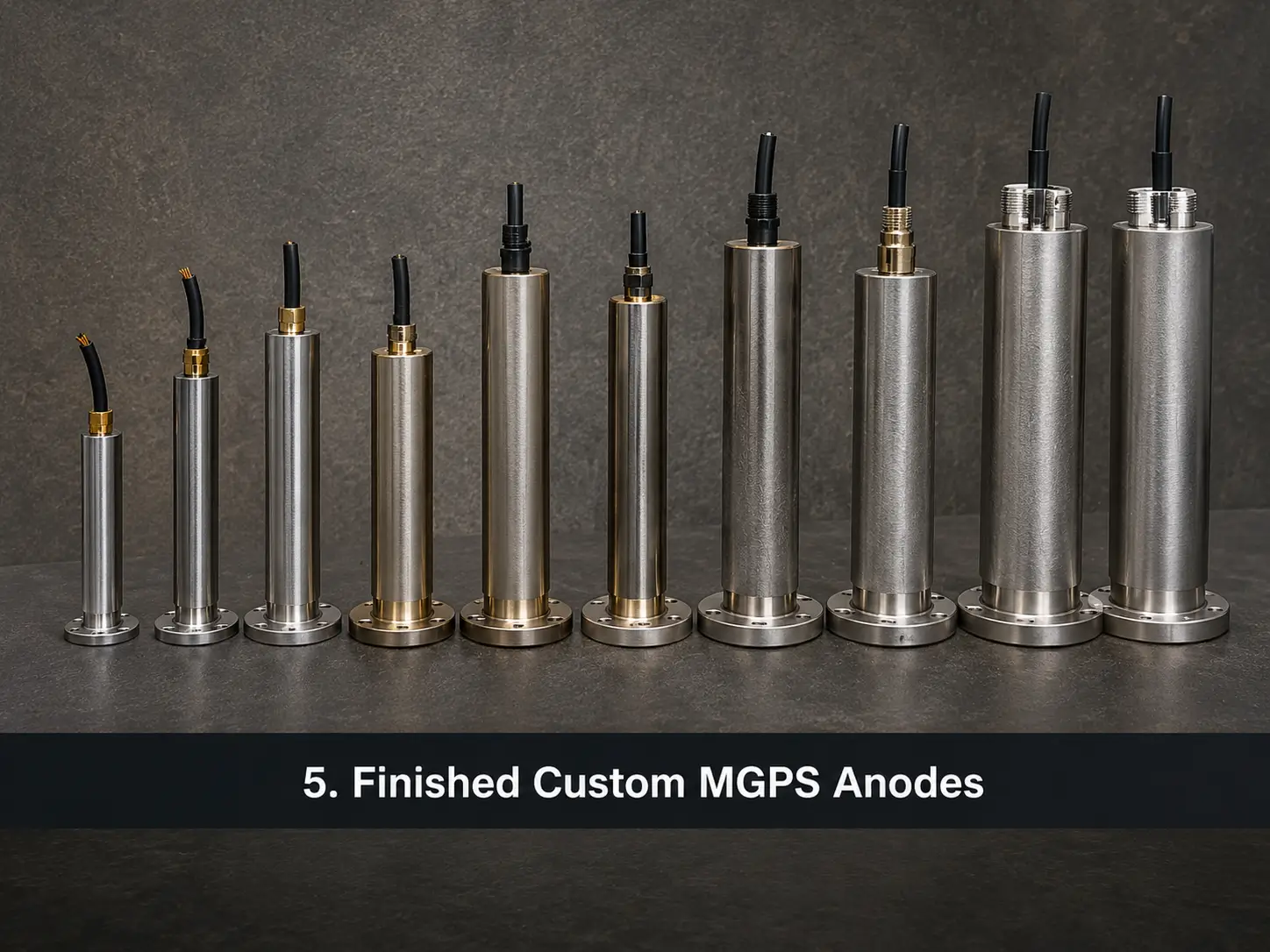 Finished custom MGPS anodes including copper, aluminum, iron and MMO titanium MGPS anodes