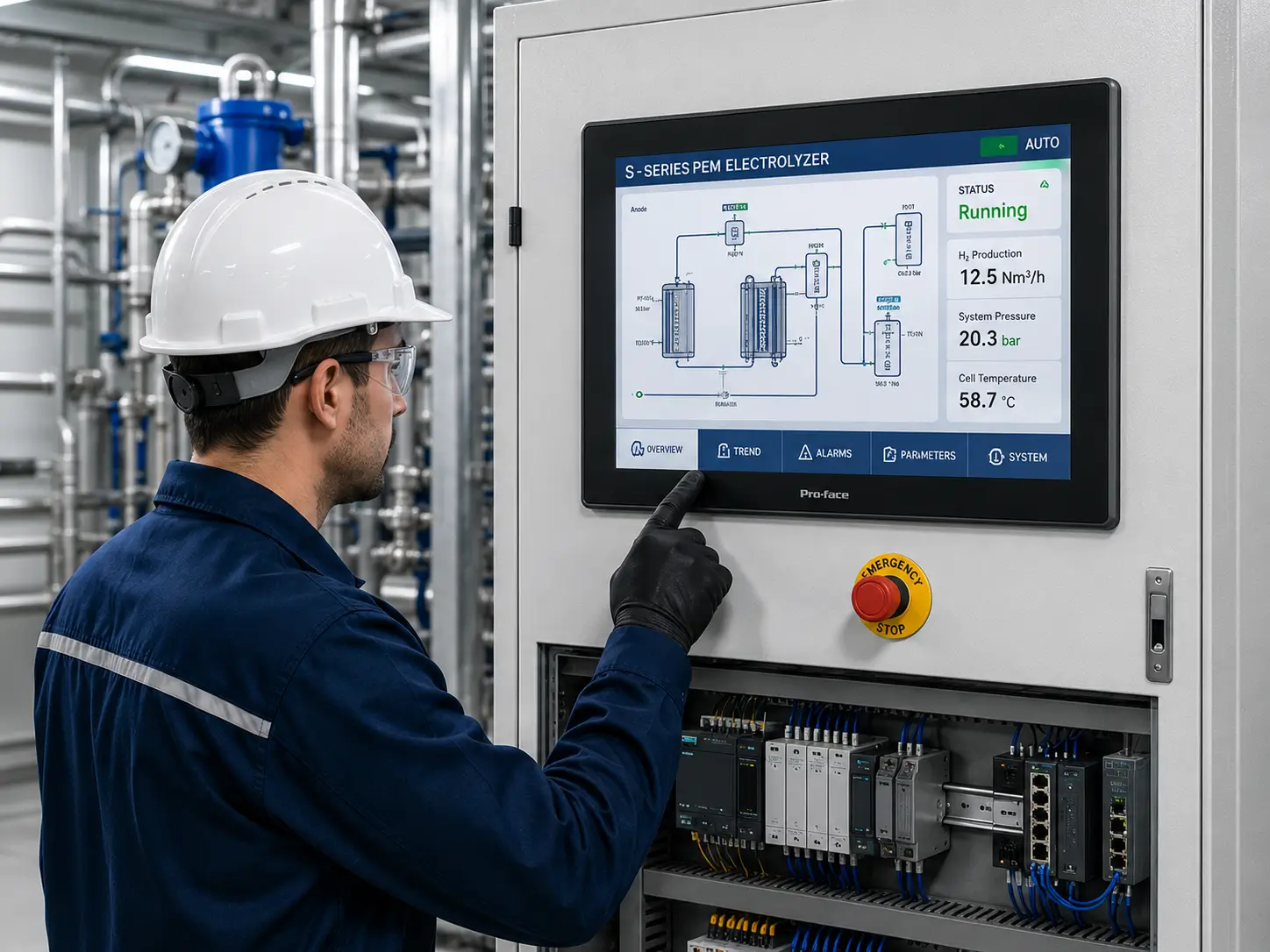 Engineer operating the HMI touchscreen interface