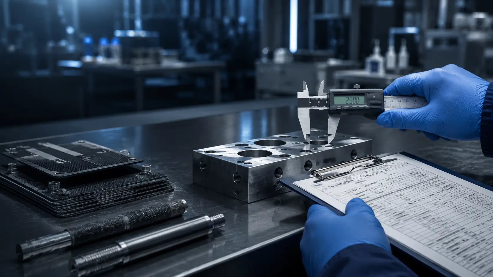Engineer using digital caliper for industrial inspection