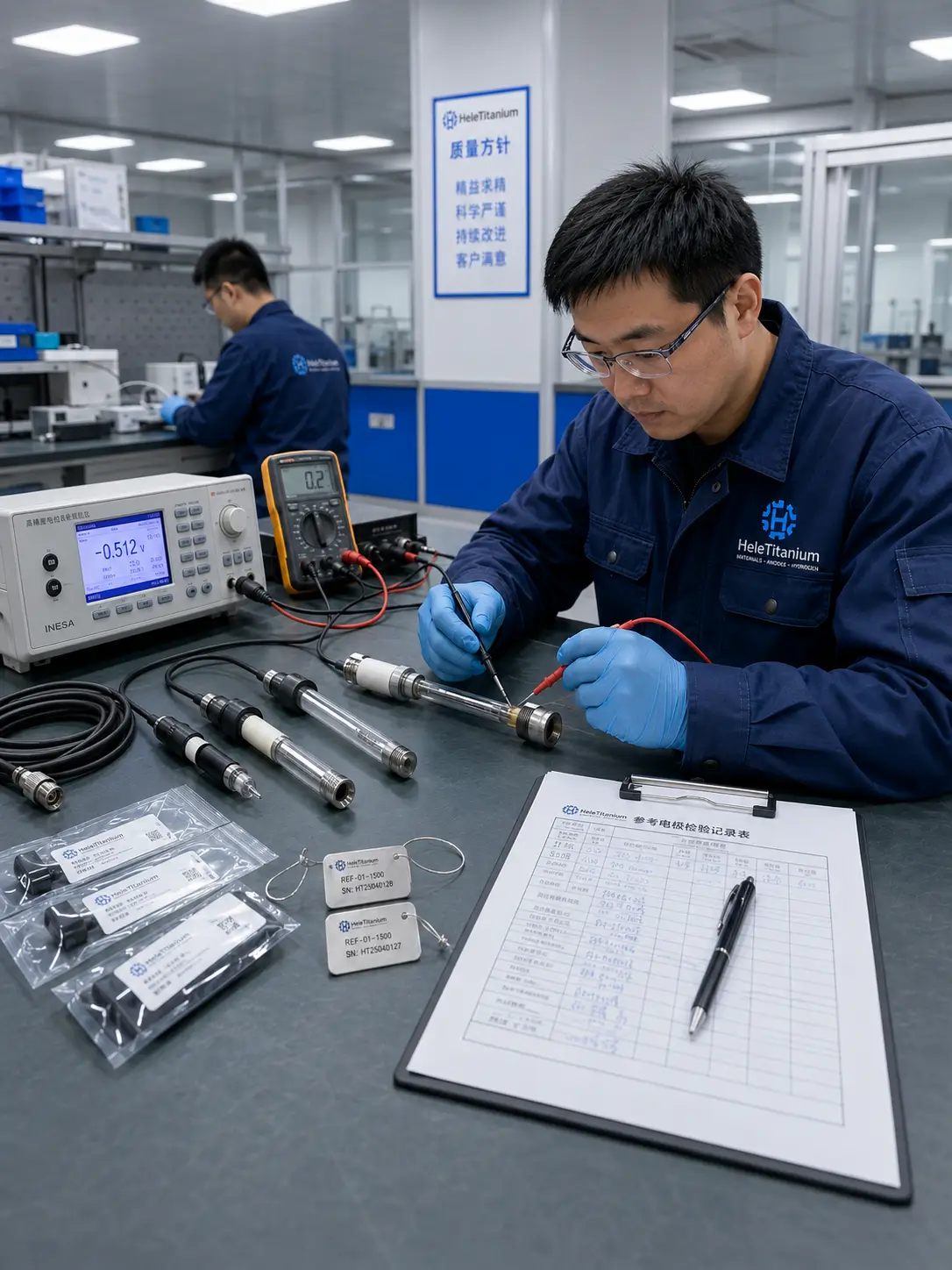 Engineer conducting reference electrode testing, checking potential stability and cable continuity in a clean laboratory environment