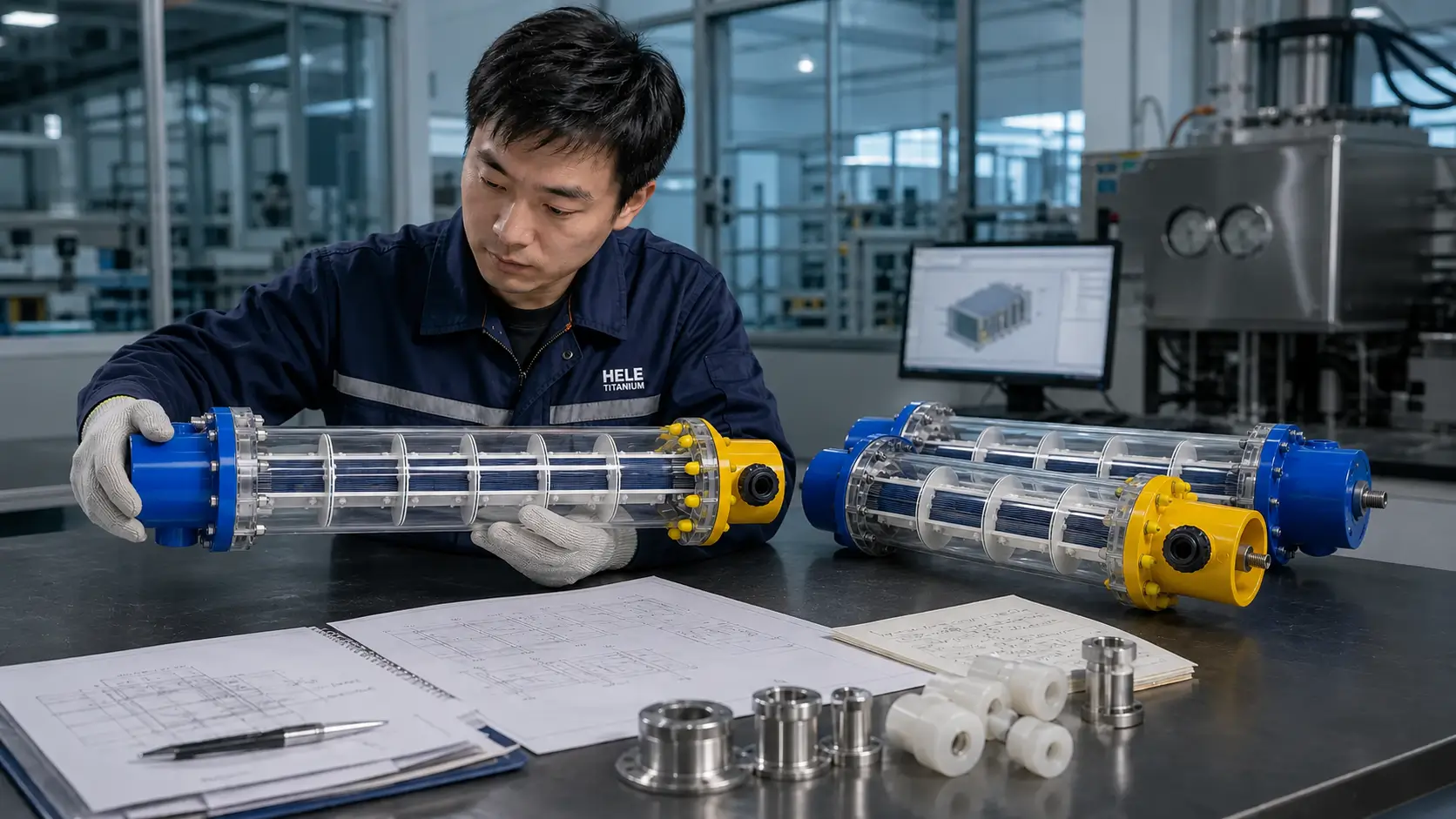 Engineer inspecting titanium electrolytic cells and MMO coated electrodes