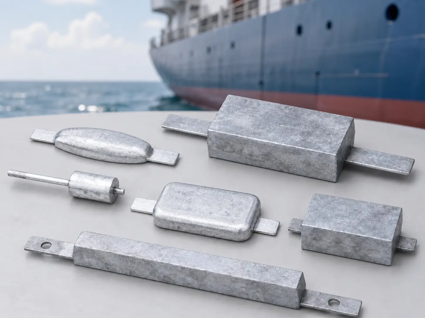 Diagram illustrating how zinc sacrificial anodes protect steel structures in seawater