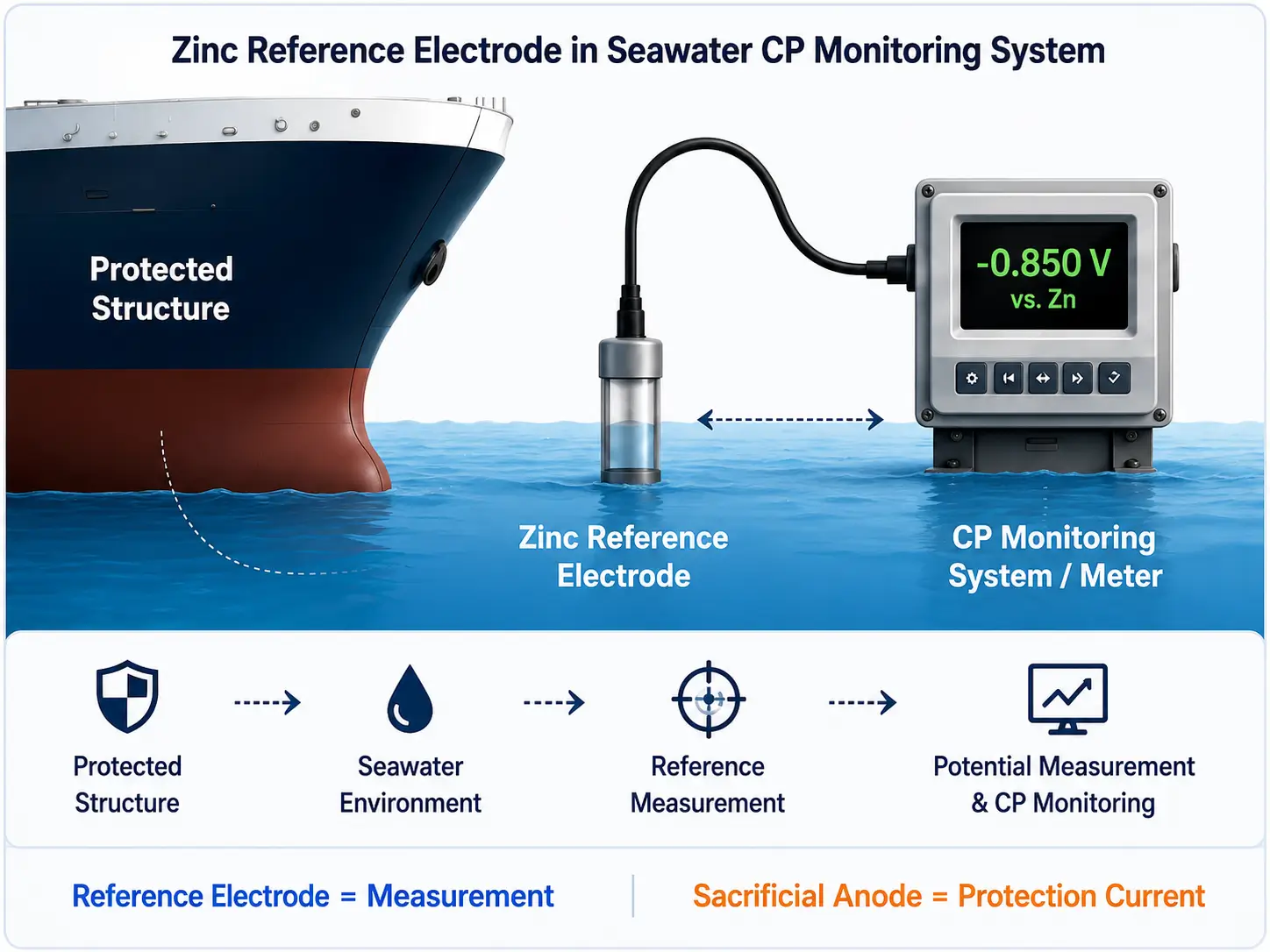 Zinc Reference Electrode in Seawater CP Monitoring System Diagram