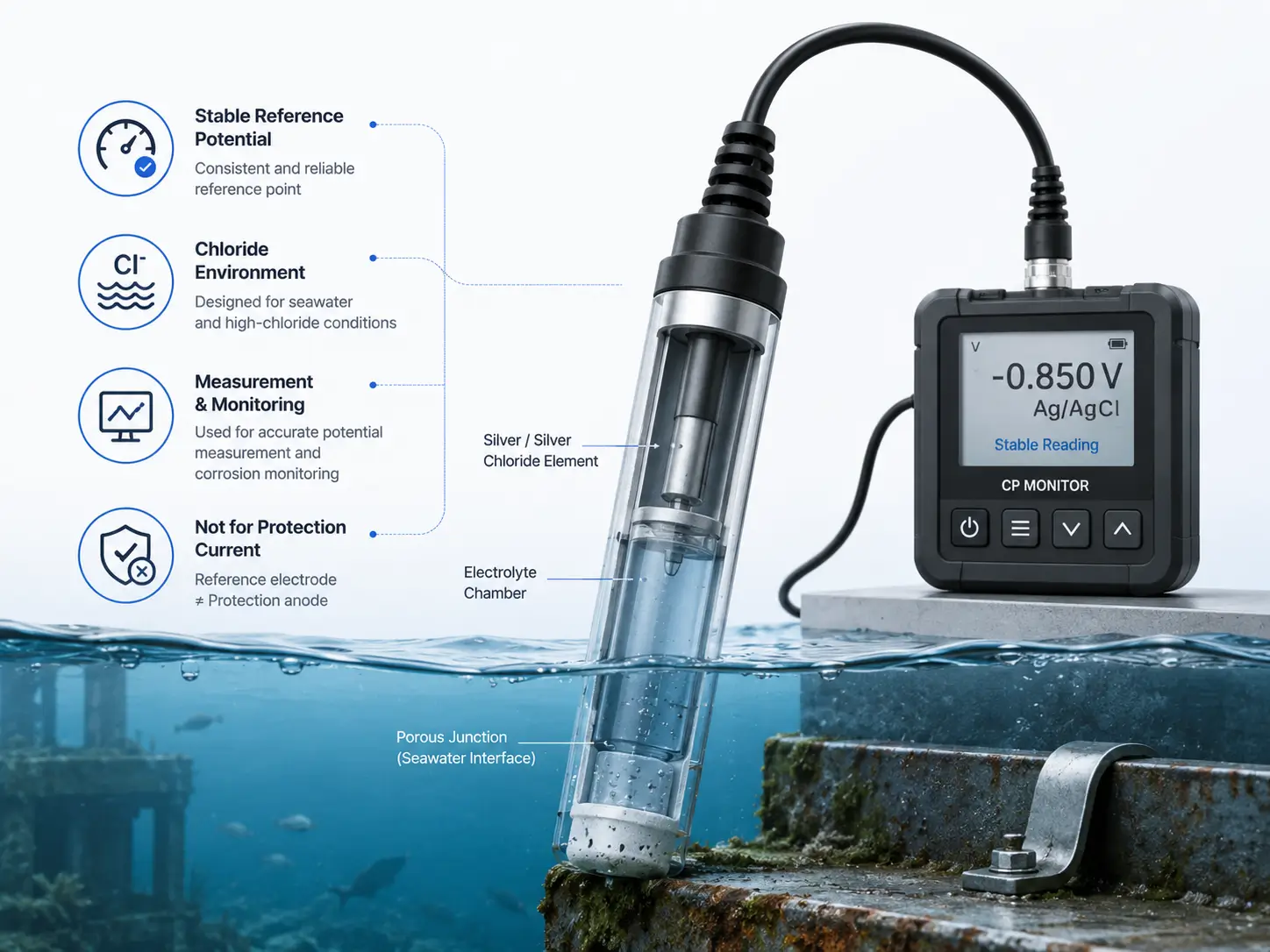 Zinc Reference Electrode in Seawater CP Monitoring System Diagram
