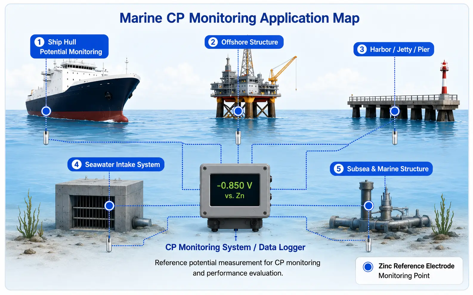 Marine CP Monitoring Application Map showing Ship Hulls, Offshore Structures, Harbors, and Subsea applications