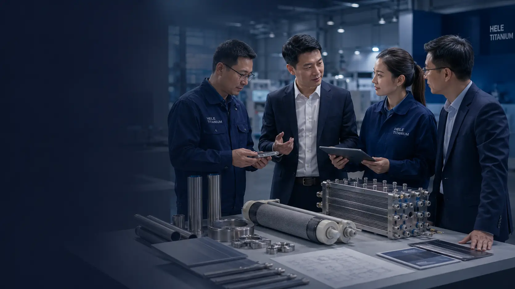 Chinese engineers at Hele Titanium discussing technical drawings and PEM electrolyzer projects