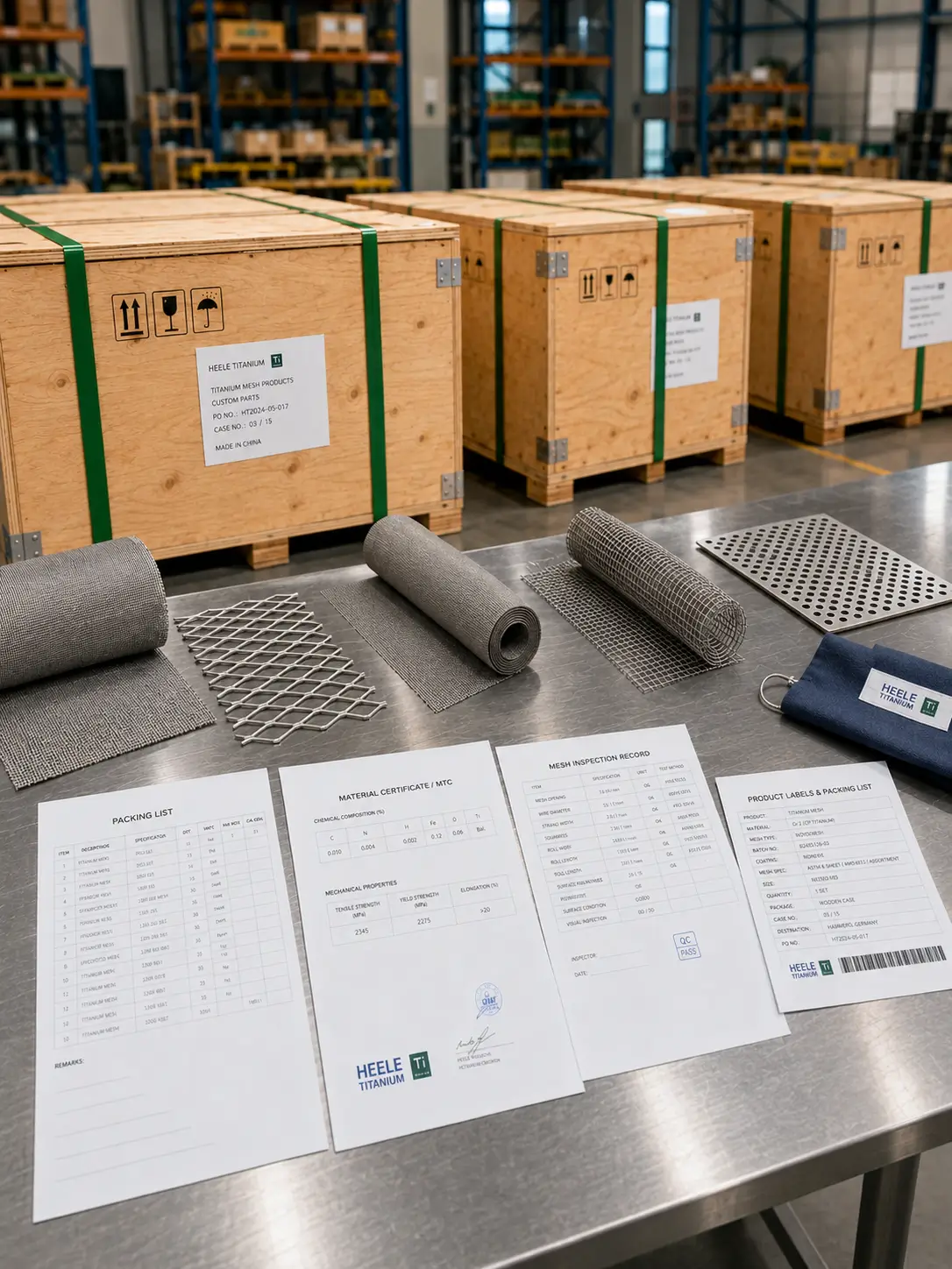 Titanium mesh sheets, rolls, fabricated mesh panels and coated mesh products with packing list, material certificate, labels and export packing
