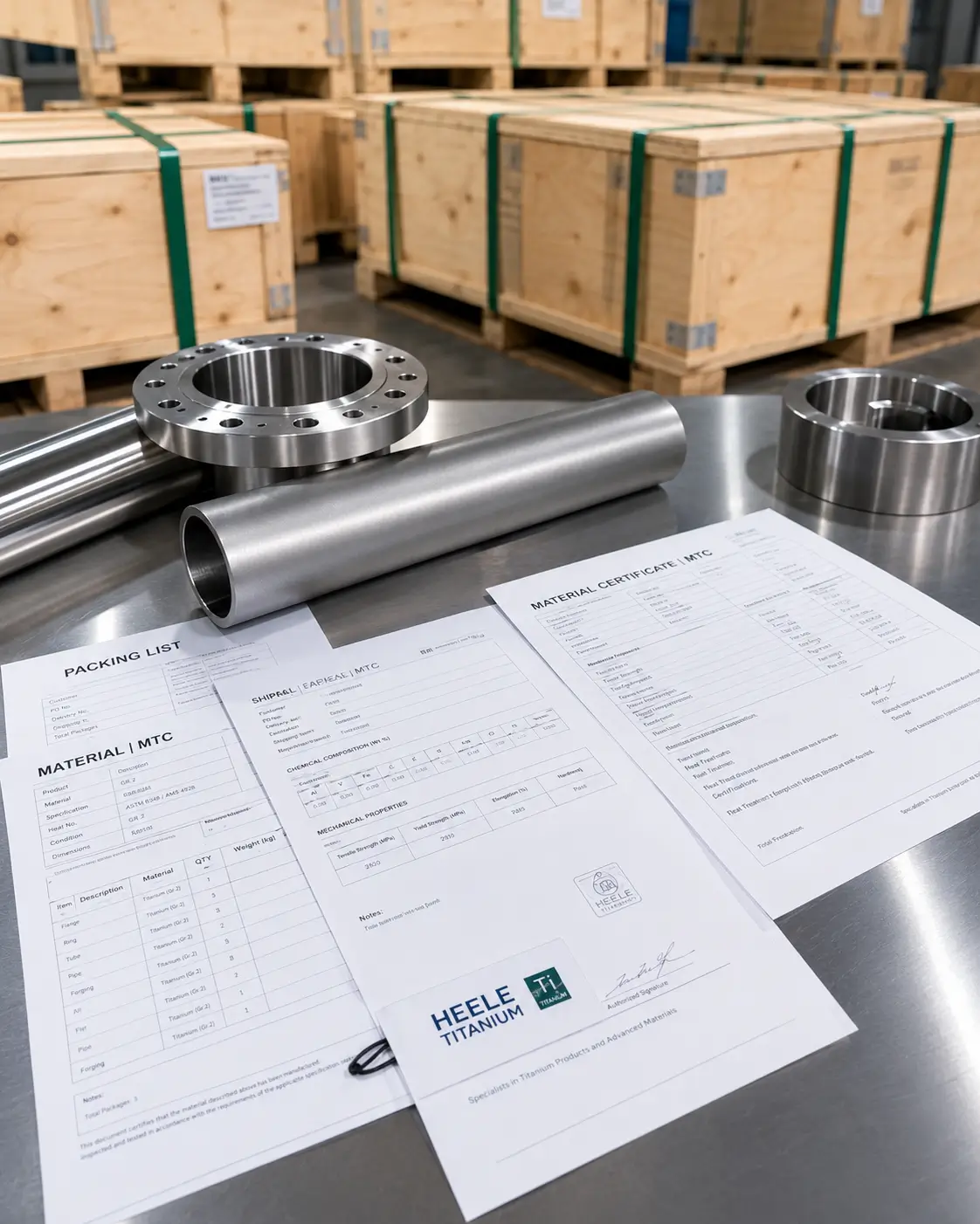 Titanium products with packing list, material certificate and export packing