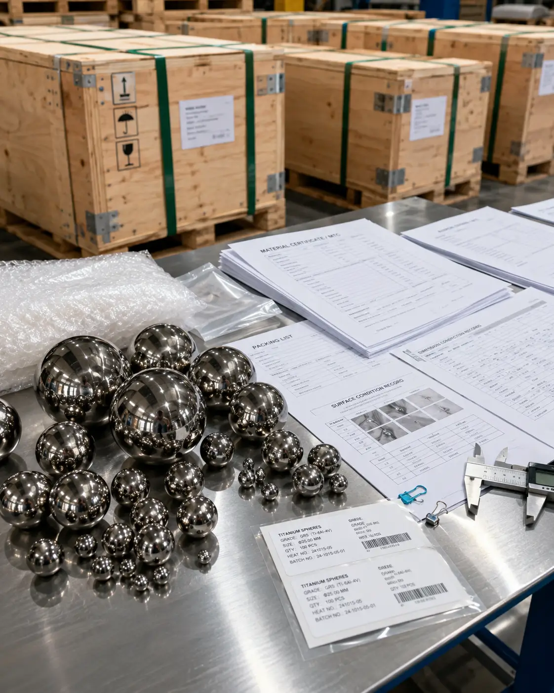Titanium balls, titanium spheres, hollow titanium spheres, titanium hemispheres and precision formed titanium components with packing list, material certificate, labels and export packing