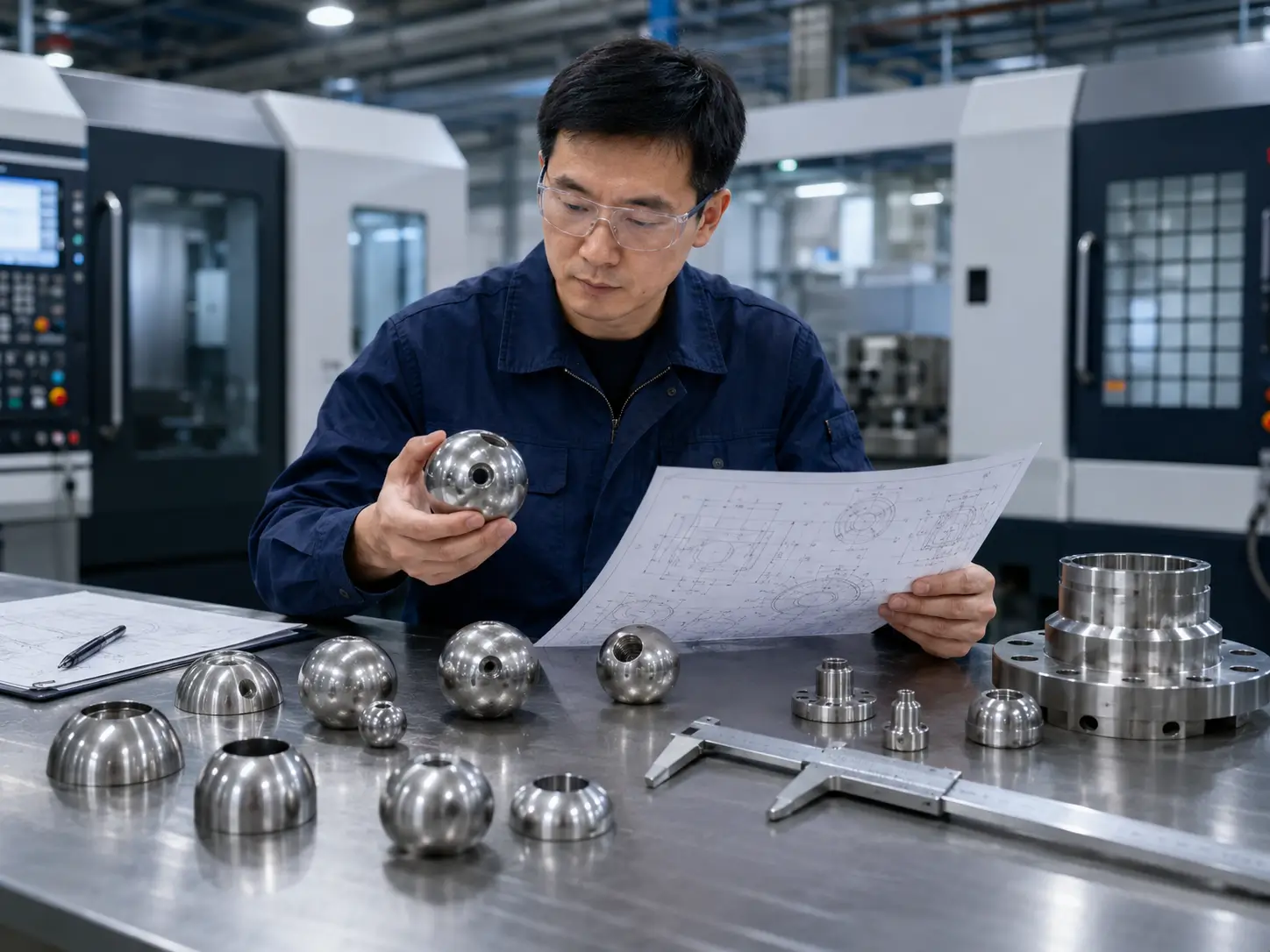 Chinese engineer inspecting custom titanium balls, hollow titanium spheres, threaded spheres and technical drawings