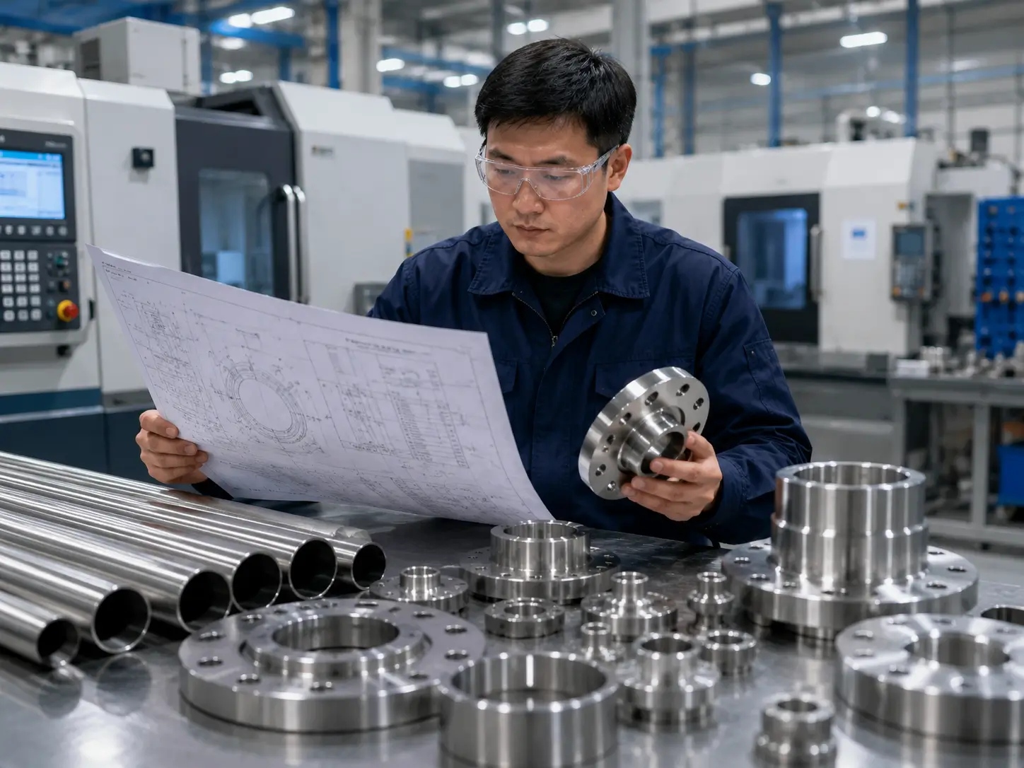 Ingeniero chino inspeccionando bridas de titanio personalizadas, caras de sellado, orificios para pernos y planos técnicos en un área de mecanizado CNC y control de calidad