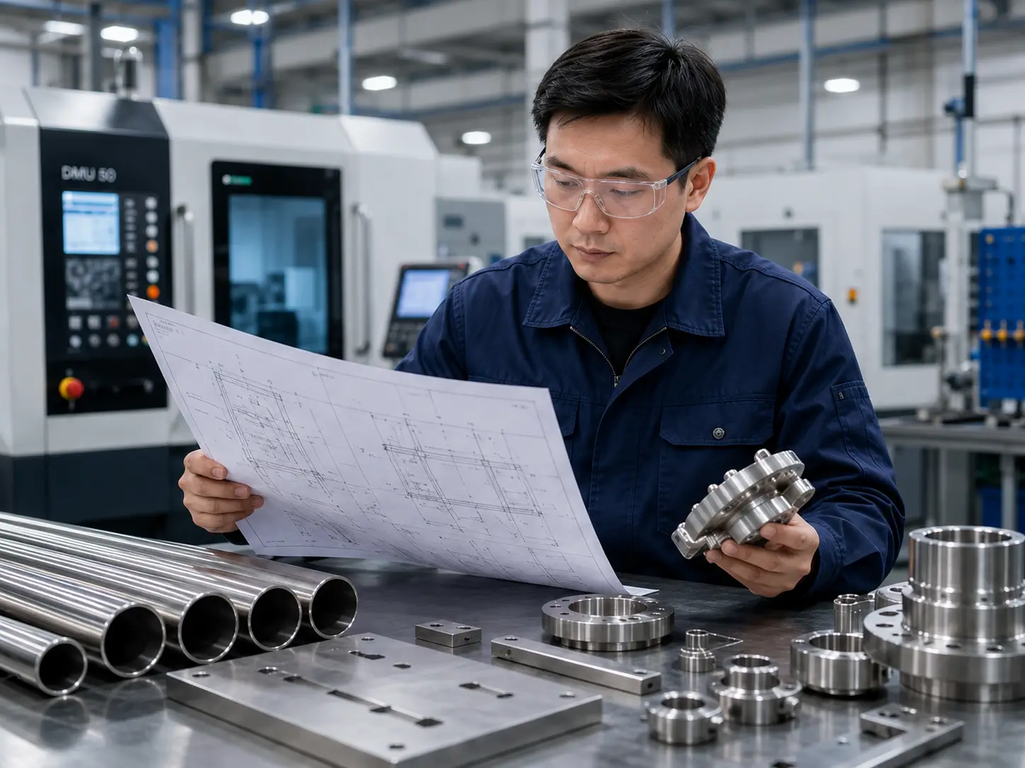 Chinese engineer inspecting custom titanium parts and technical drawings