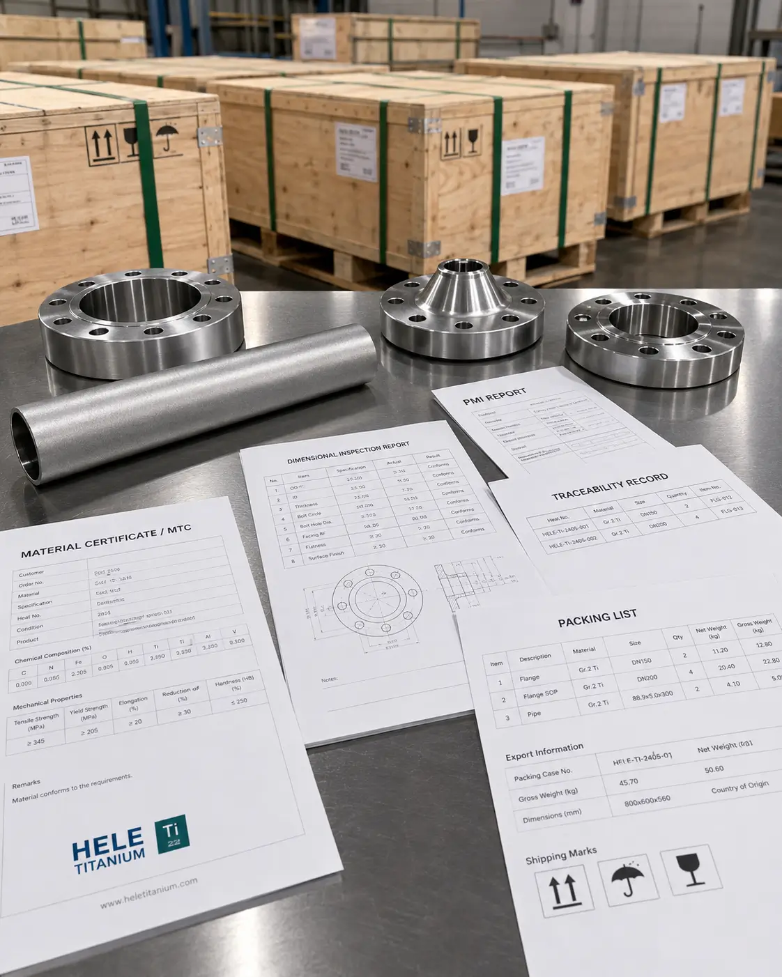 Titanium products with packing list, material certificate and export packing