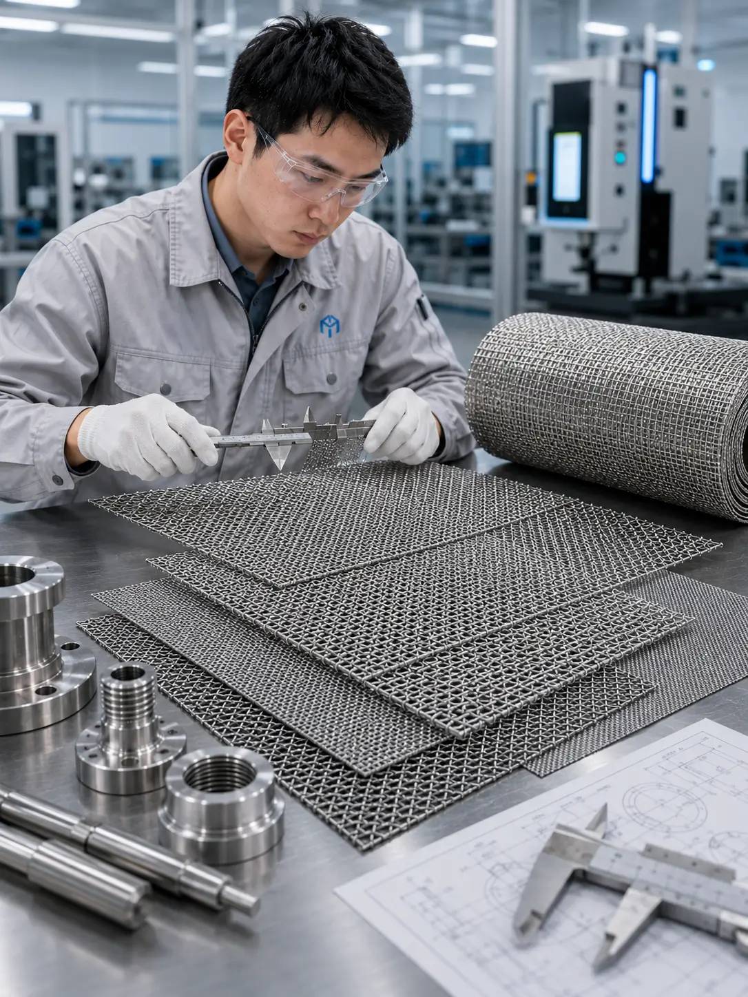 Chinese engineer inspecting titanium expanded mesh, woven mesh and MMO-coated titanium mesh in a factory production and quality inspection area