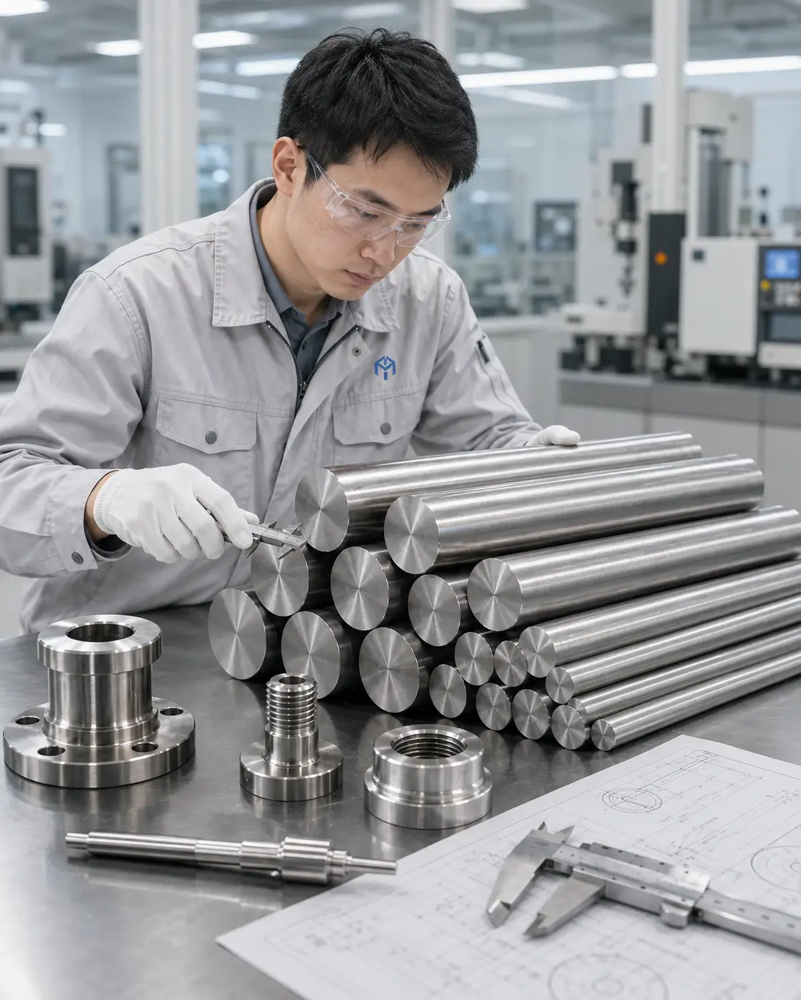 Chinese engineer inspecting precision-ground titanium bars and rods in a factory machining and quality inspection area