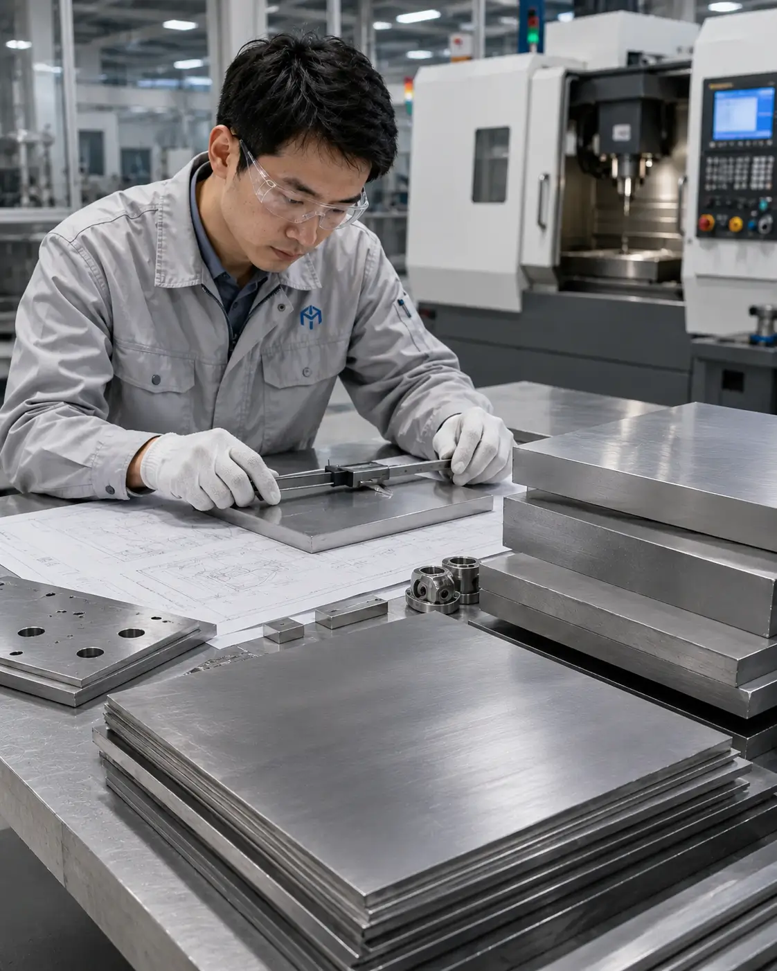 Chinese engineer inspecting stress-relieved titanium plates, sheets and precision-cut blanks in a factory inspection area