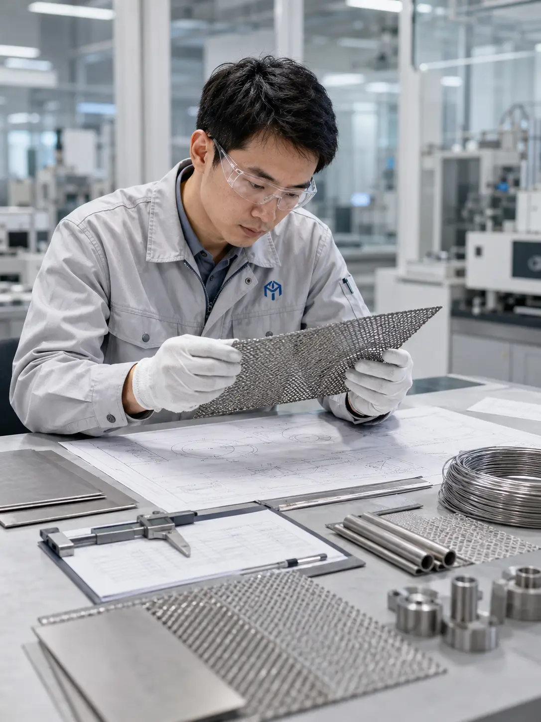 Chinese engineer inspecting titanium plates, bars, tubes, and machined titanium parts in a factory inspection area