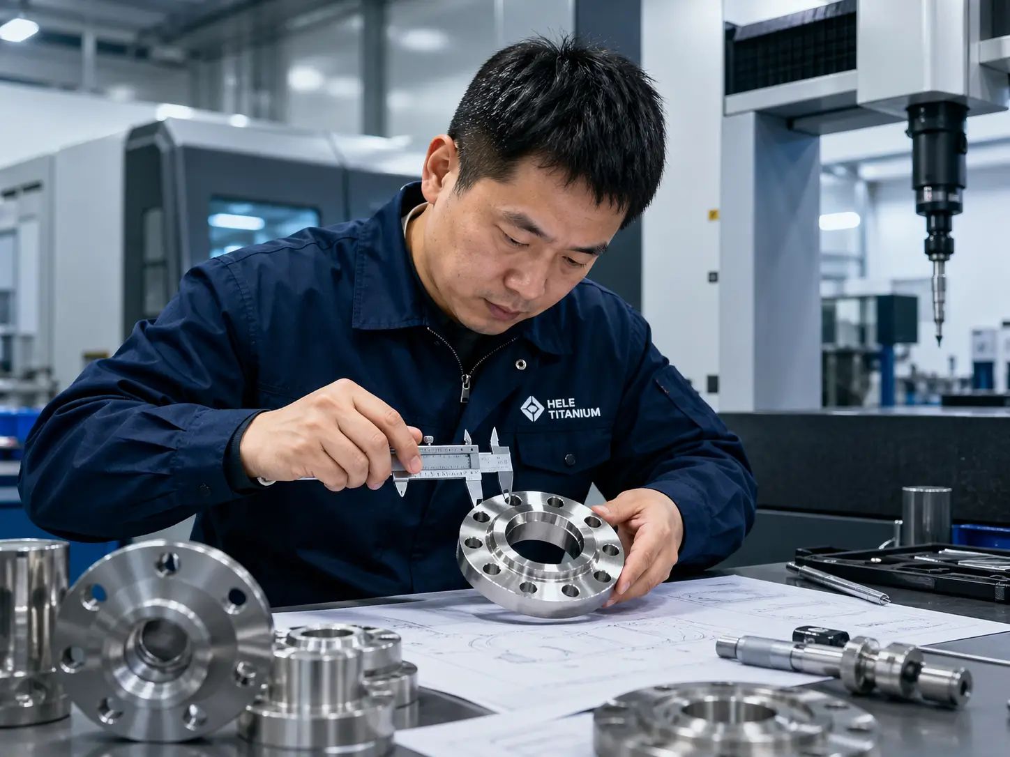 Chinese engineer inspecting titanium flanges, bolt holes, sealing faces and technical drawings in a CNC machining and quality inspection area