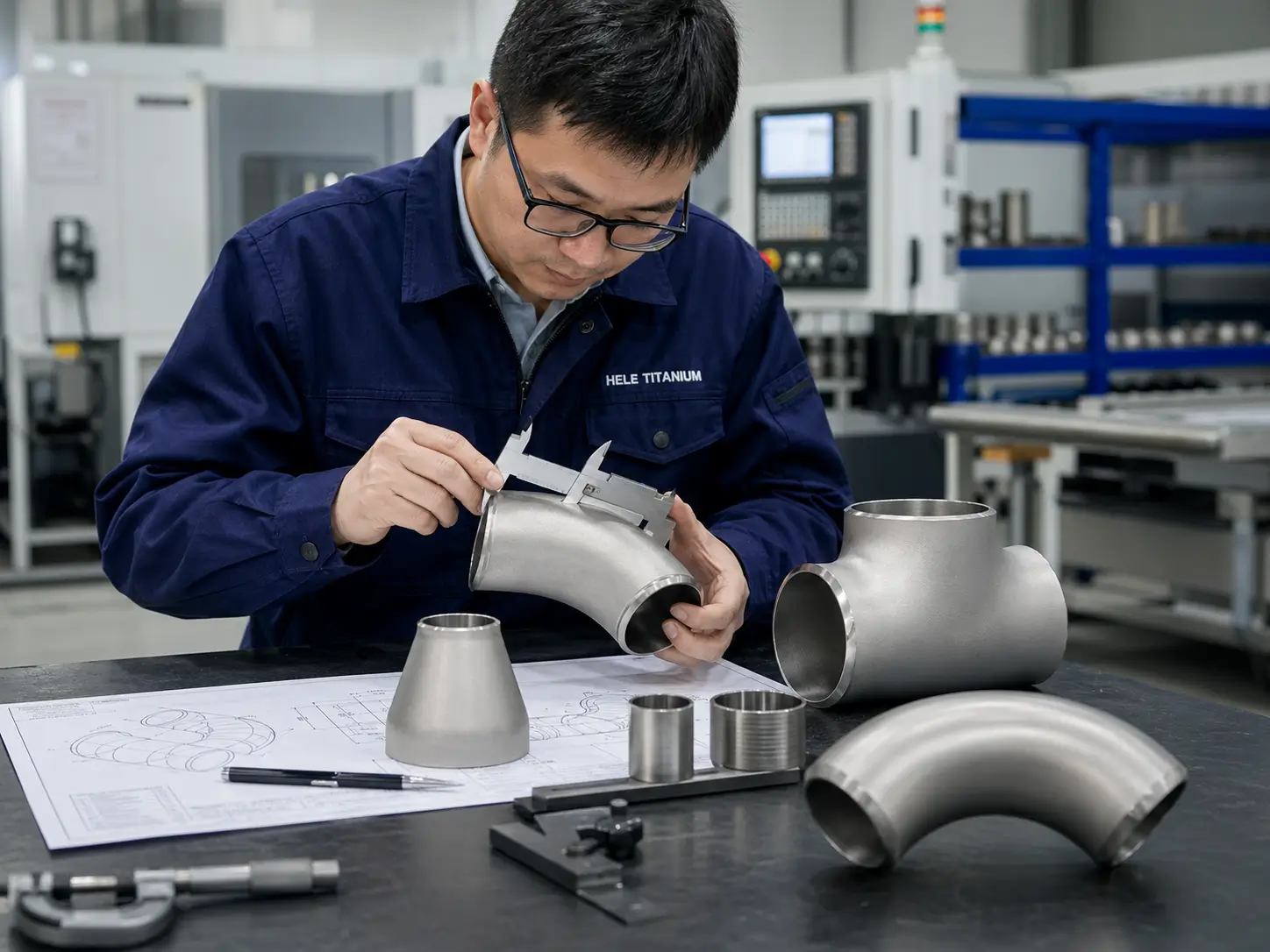Chinese engineer inspecting titanium pipe fittings, elbows, tees, reducers and technical drawings in a factory quality inspection area
