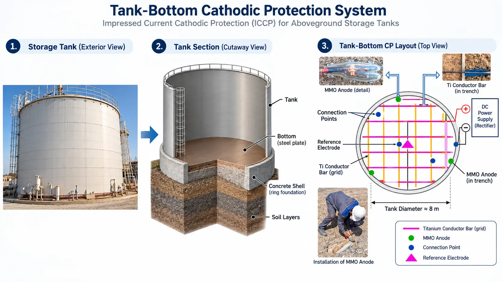 Tank bottom ICCP grid and linear anode arrangement