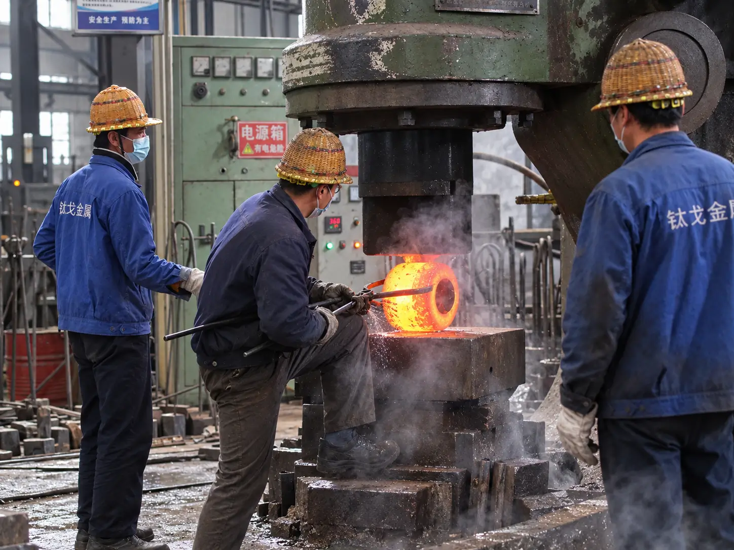 Chinese engineer inspecting titanium forged rings, discs, shafts and technical drawings in a forging and machining quality inspection area