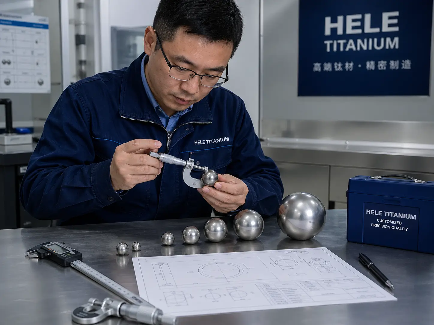Chinese engineer inspecting titanium balls, hollow titanium spheres and custom-machined titanium spherical components in a factory quality inspection area