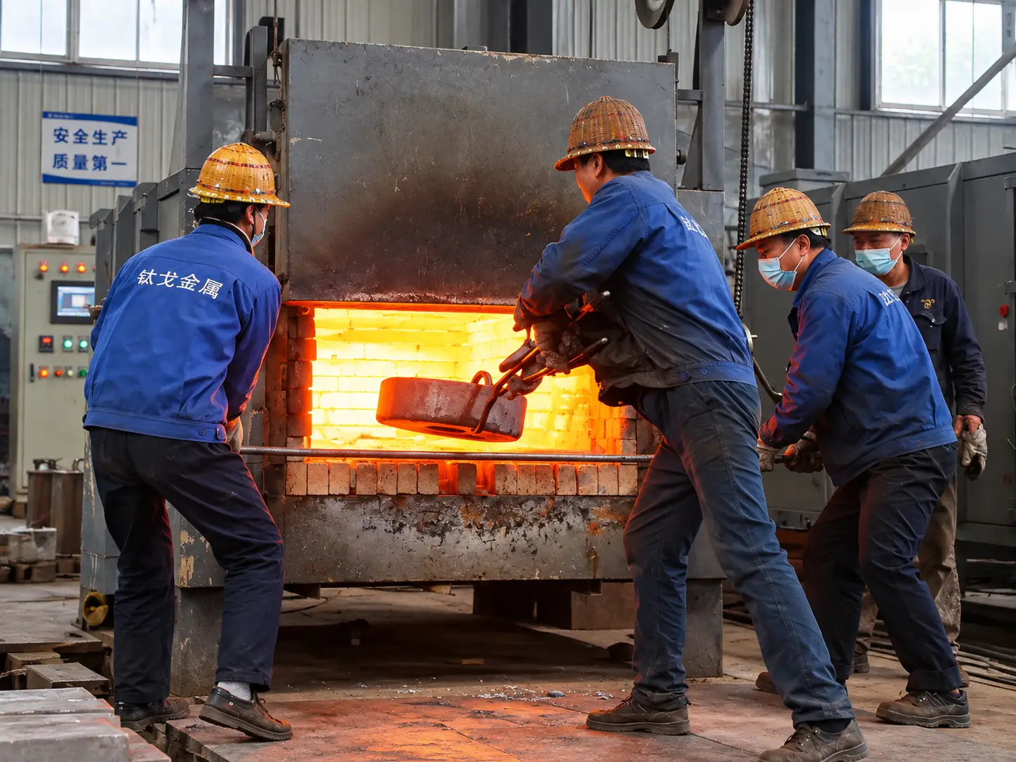 Chinese engineer inspecting custom titanium parts and technical drawings
