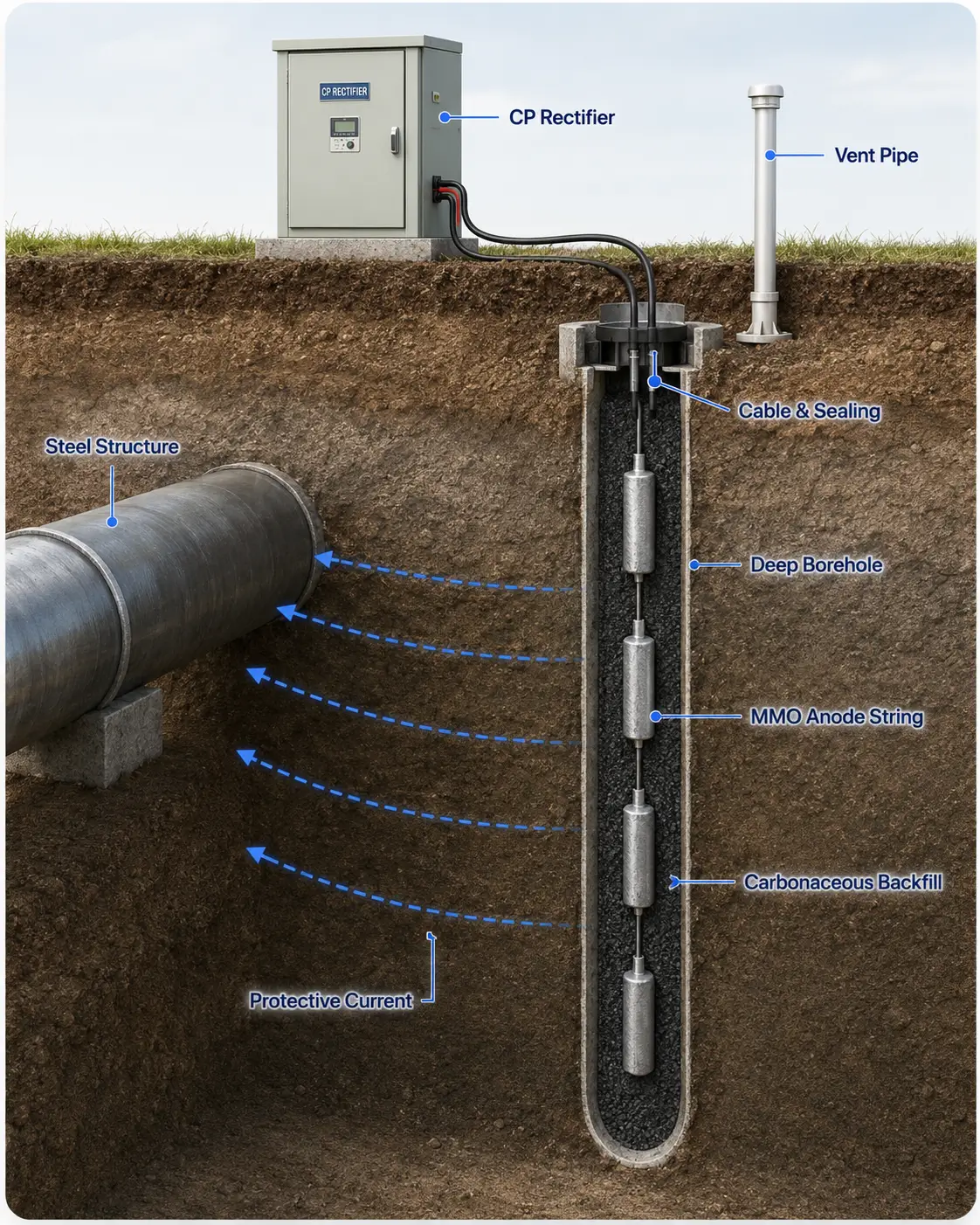 Deep groundbed ICCP system with vertical active anode column